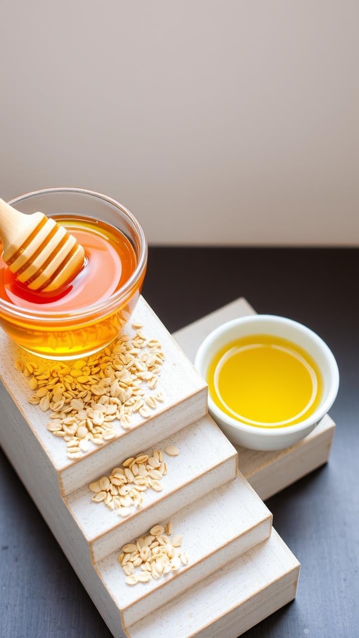 A bow of honey on top of a White miniature staircase and oats spread down the stairs and a bowl of oil below it.