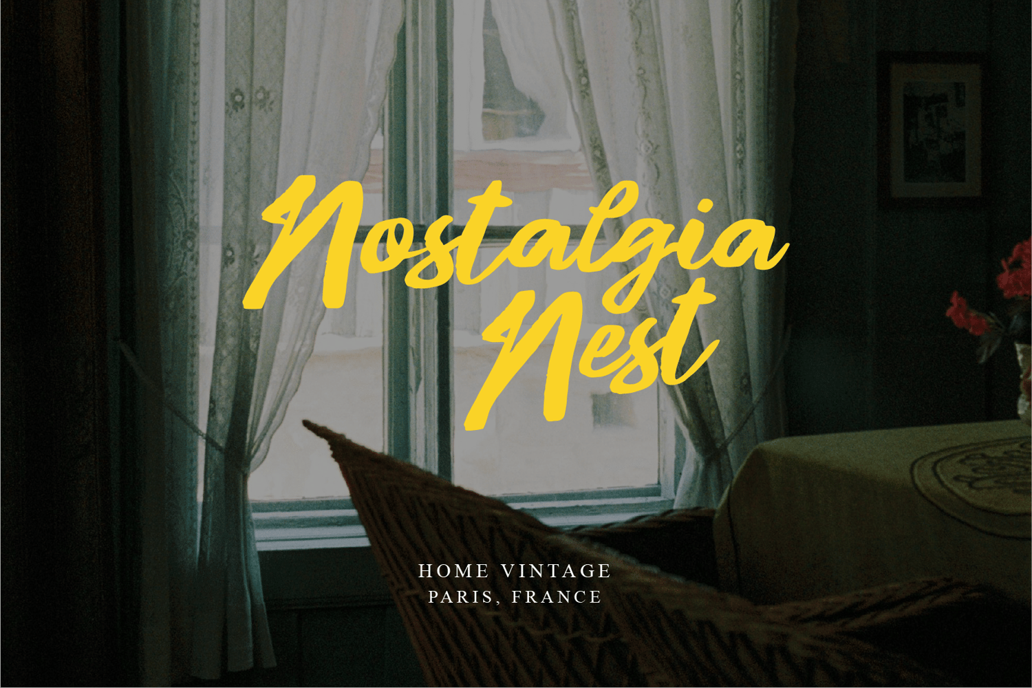 Typography preview of Vintage Light font featuring the title “Nostalgia Nest” in a vintage-styled dining room with soft daylight through sheer curtains.