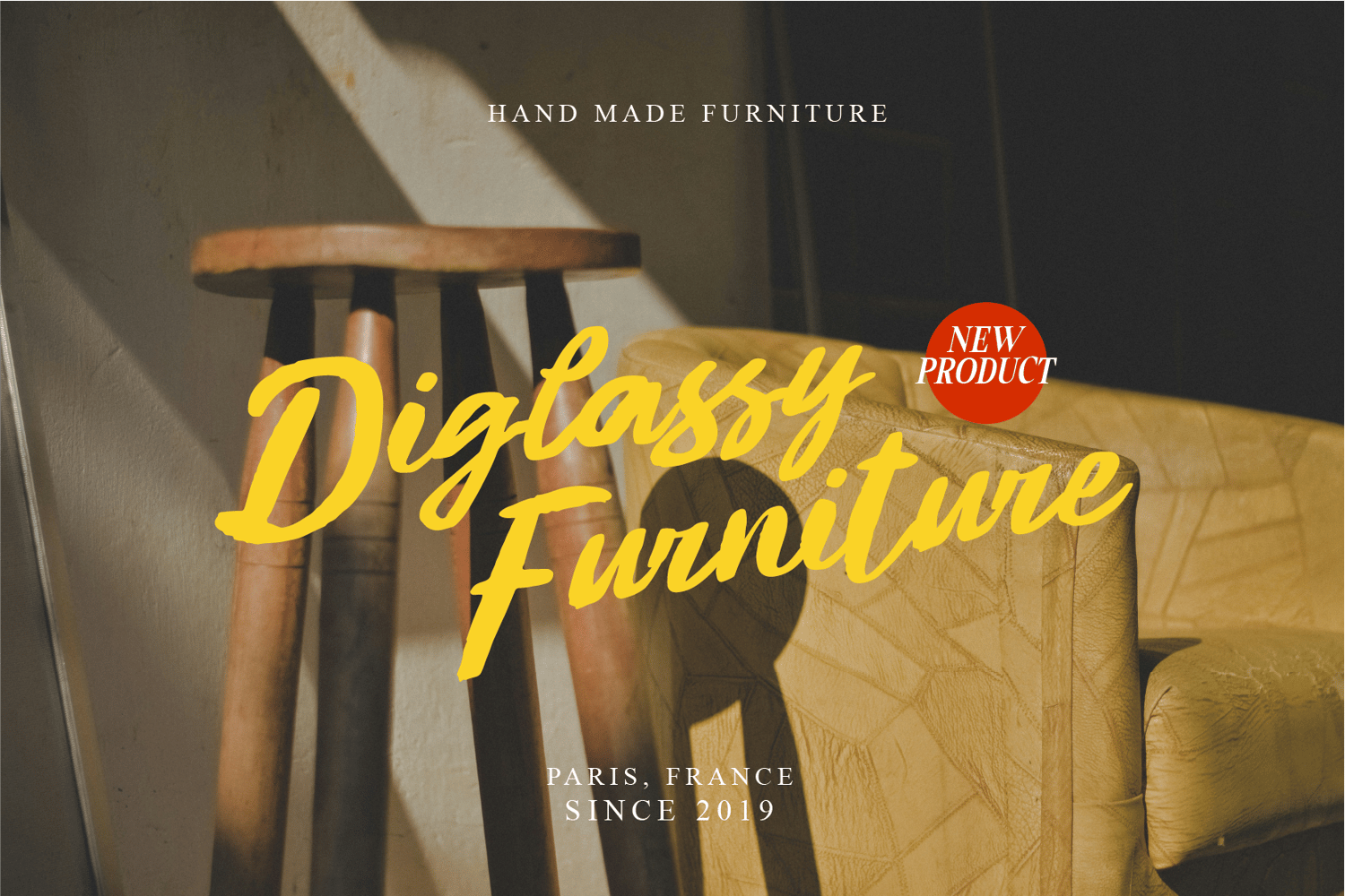 Promotional design using the Vintage Light font for “Diglassy Furniture,” featuring handcrafted wooden furniture in a warm-toned interior.
