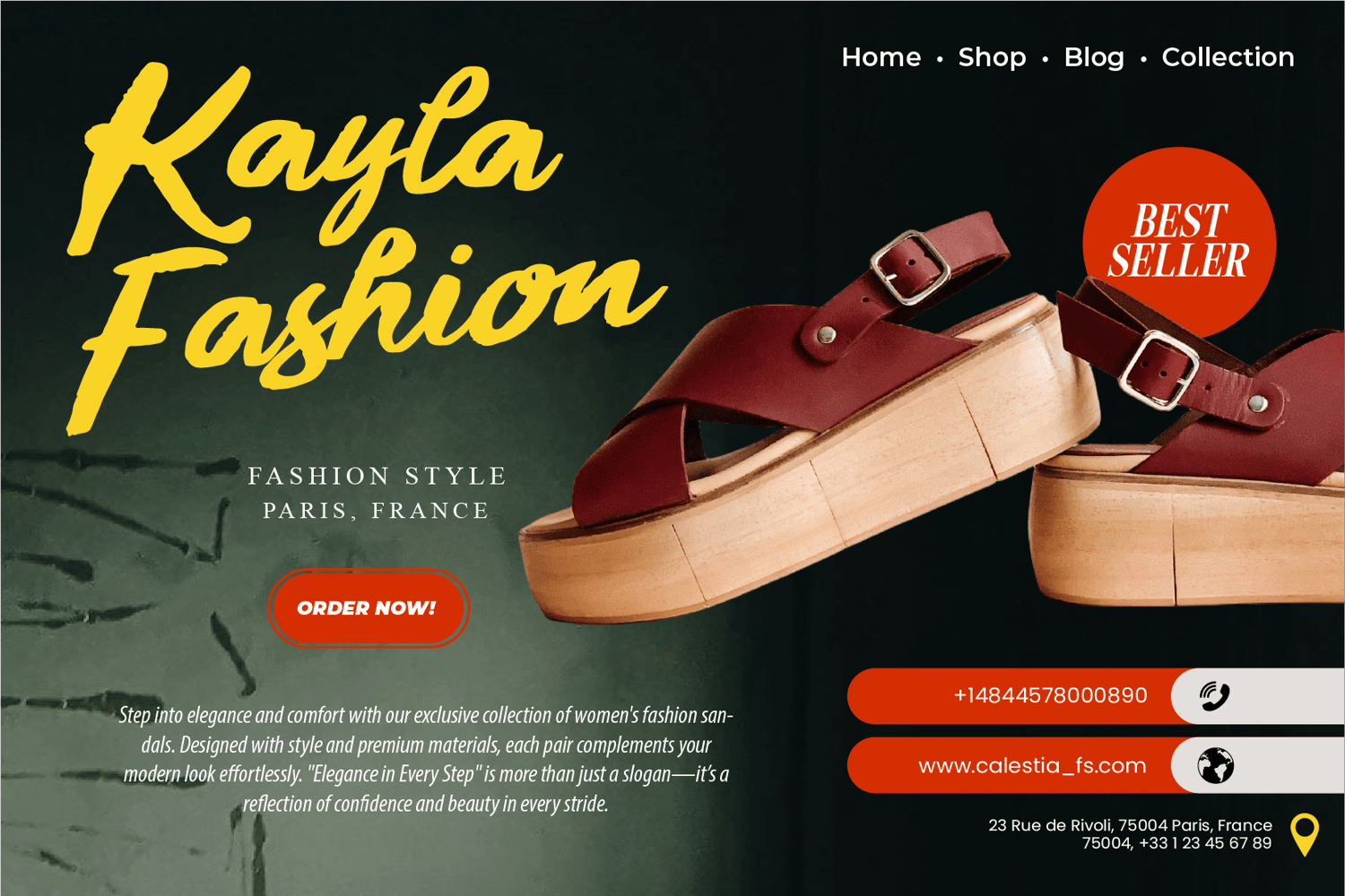 E-commerce style banner showcasing “Kayla Fashion” in the Vintage Light font, highlighting red leather sandals labeled as a best seller.