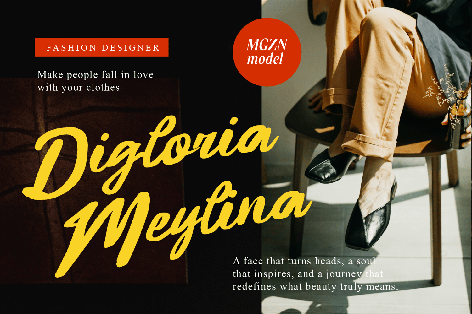 Editorial layout using the Vintage Light font for the name “Digloria Meytina,” showcasing a fashion designer theme with a seated model and modern styling.