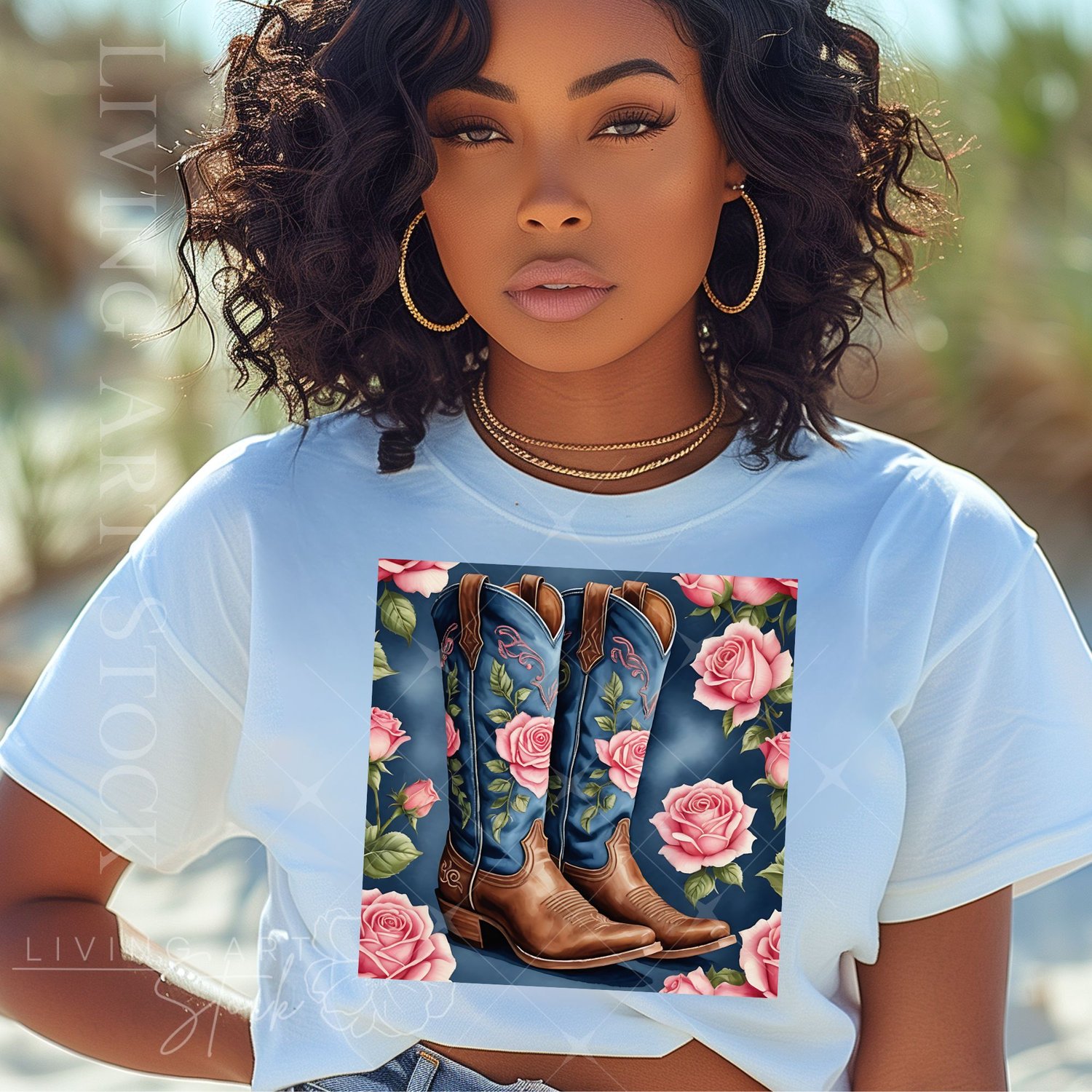 Black Woman wearing tshirt with Blue and Pink Rose Cowgirl boots Design