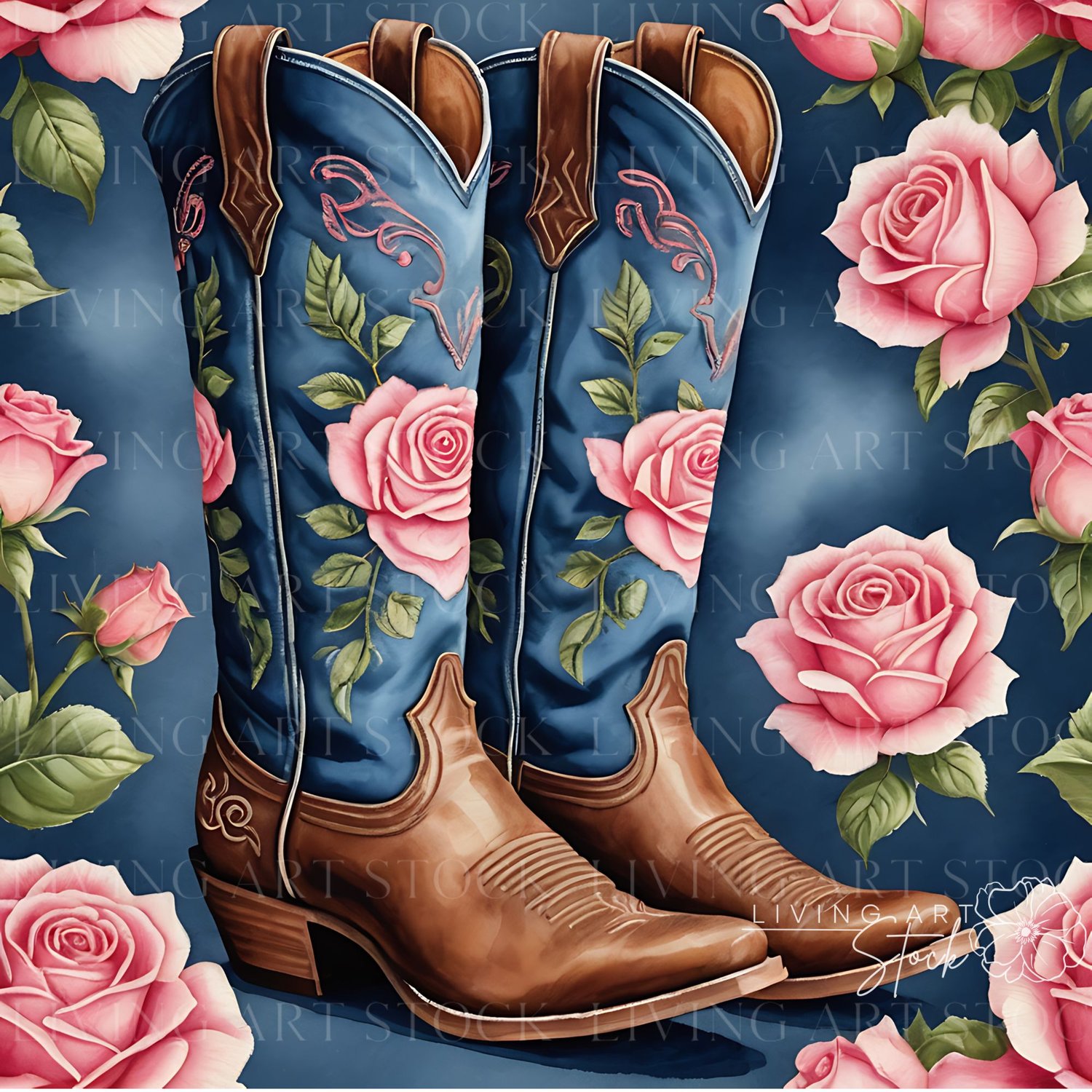 Blue and Pink Rose Cowgirl boots Design