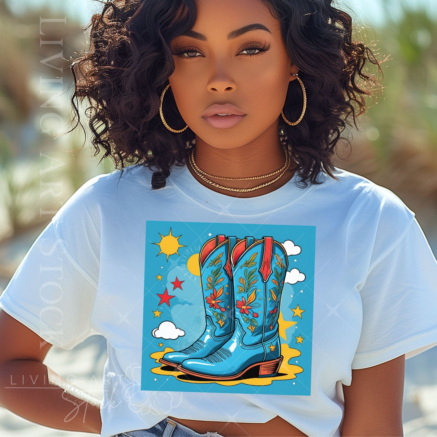 Black woman wearing white tshirt with Blue cowgirl boots retro