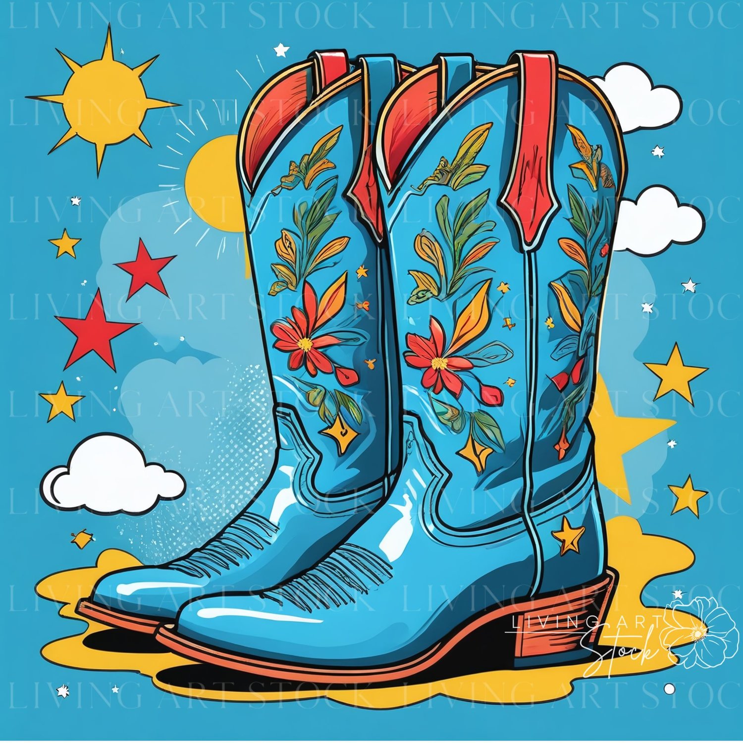 Blue cowgirl boots retro printable design