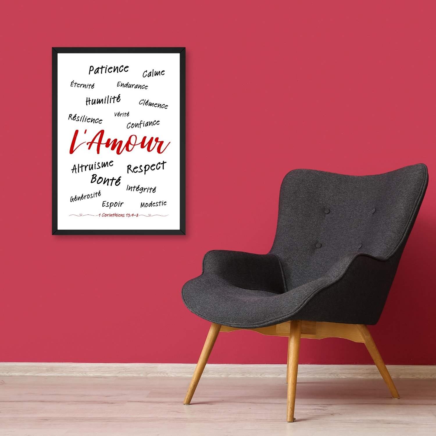 Affiche Amour - Nuage de mots inspirés d1 Corinthiens 13:4-8 - Décoration murale