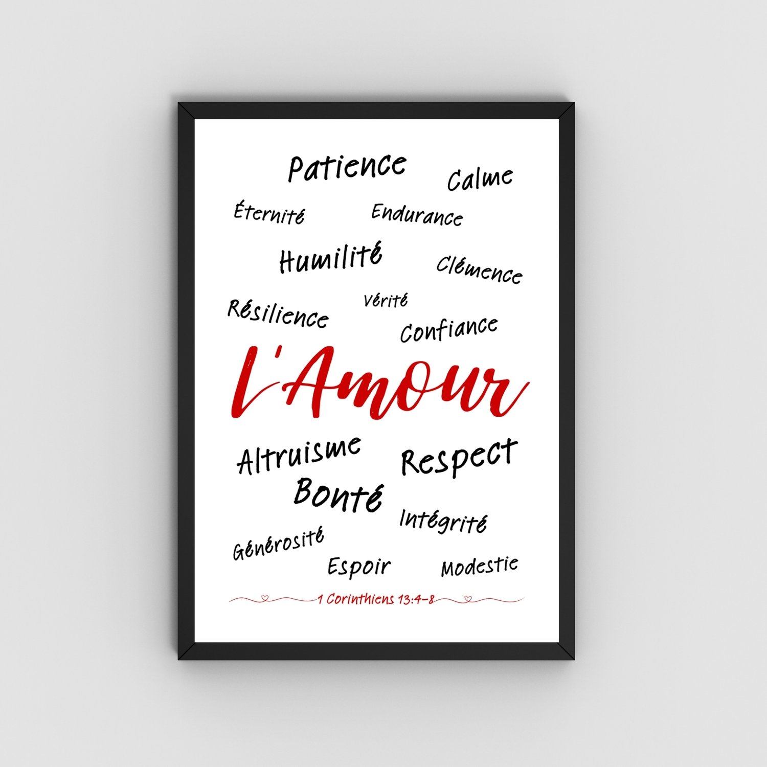 Affiche Amour - Nuage de mots inspirés d1 Corinthiens 13:4-8 - Décoration murale