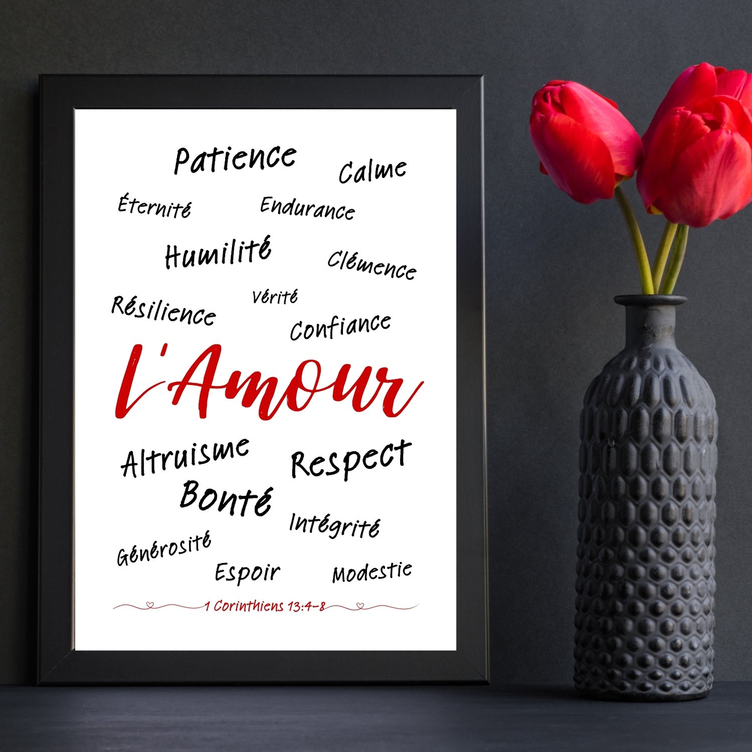 Affiche Amour - Nuage de mots inspirés d1 Corinthiens 13:4-8 - Décoration murale