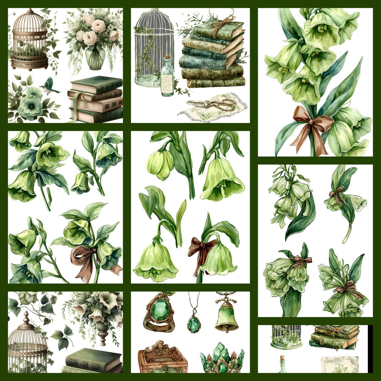 vintage elegance, nature, rich greens, earthy browns, muted golds, ornate jewelry, emerald green gemstones, rings, brooch, crown, Renaissance motifs, Victorian motifs, wealth, beauty, status, renewal, growth, antique stationery, aged parchment, musical no