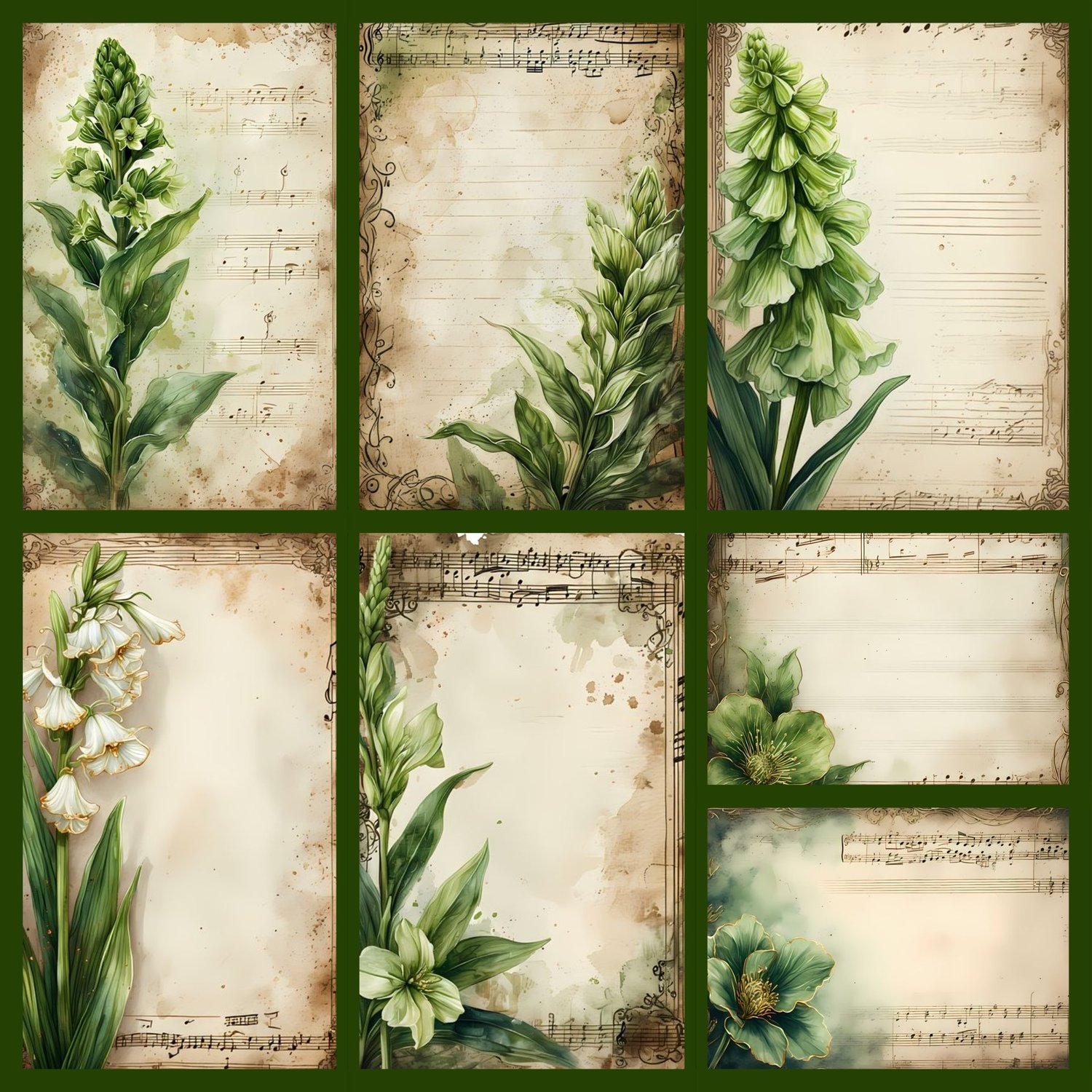 vintage elegance, nature, rich greens, earthy browns, muted golds, ornate jewelry, emerald green gemstones, rings, brooch, crown, Renaissance motifs, Victorian motifs, wealth, beauty, status, renewal, growth, antique stationery, aged parchment, musical no