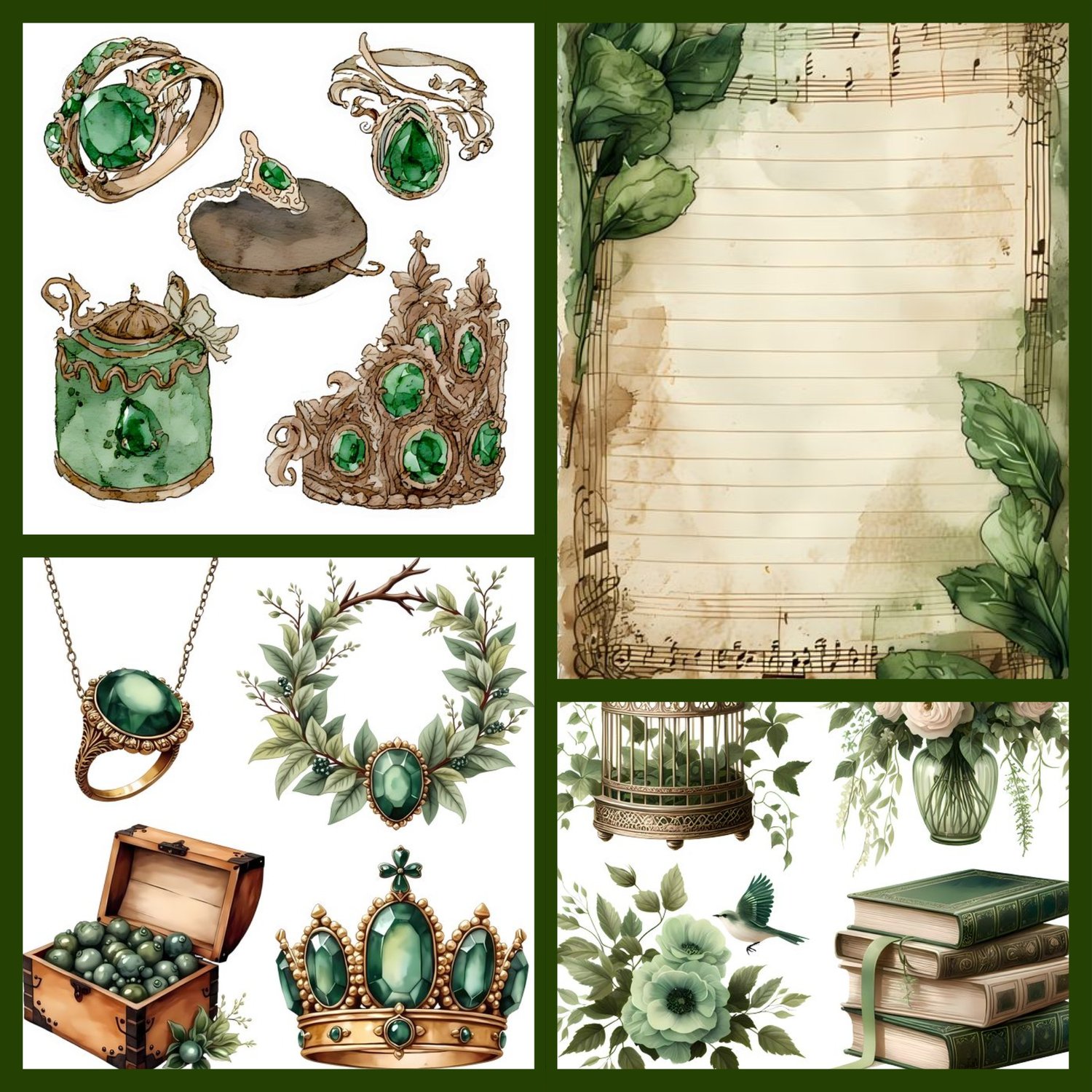 vintage elegance, nature, rich greens, earthy browns, muted golds, ornate jewelry, emerald green gemstones, rings, brooch, crown, Renaissance motifs, Victorian motifs, wealth, beauty, status, renewal, growth, antique stationery, aged parchment, musical no