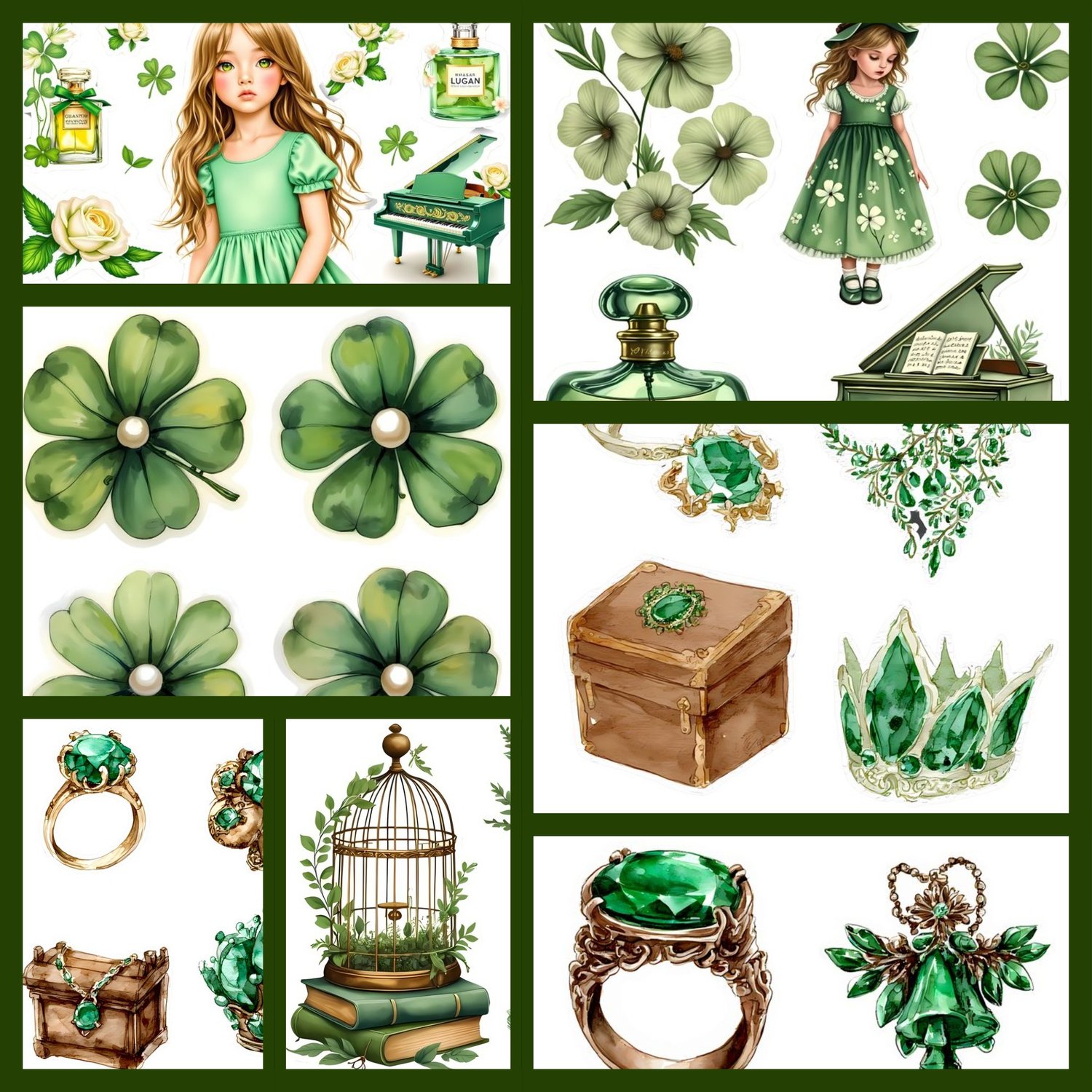 vintage elegance, nature, rich greens, earthy browns, muted golds, ornate jewelry, emerald green gemstones, rings, brooch, crown, Renaissance motifs, Victorian motifs, wealth, beauty, status, renewal, growth, antique stationery, aged parchment, musical no