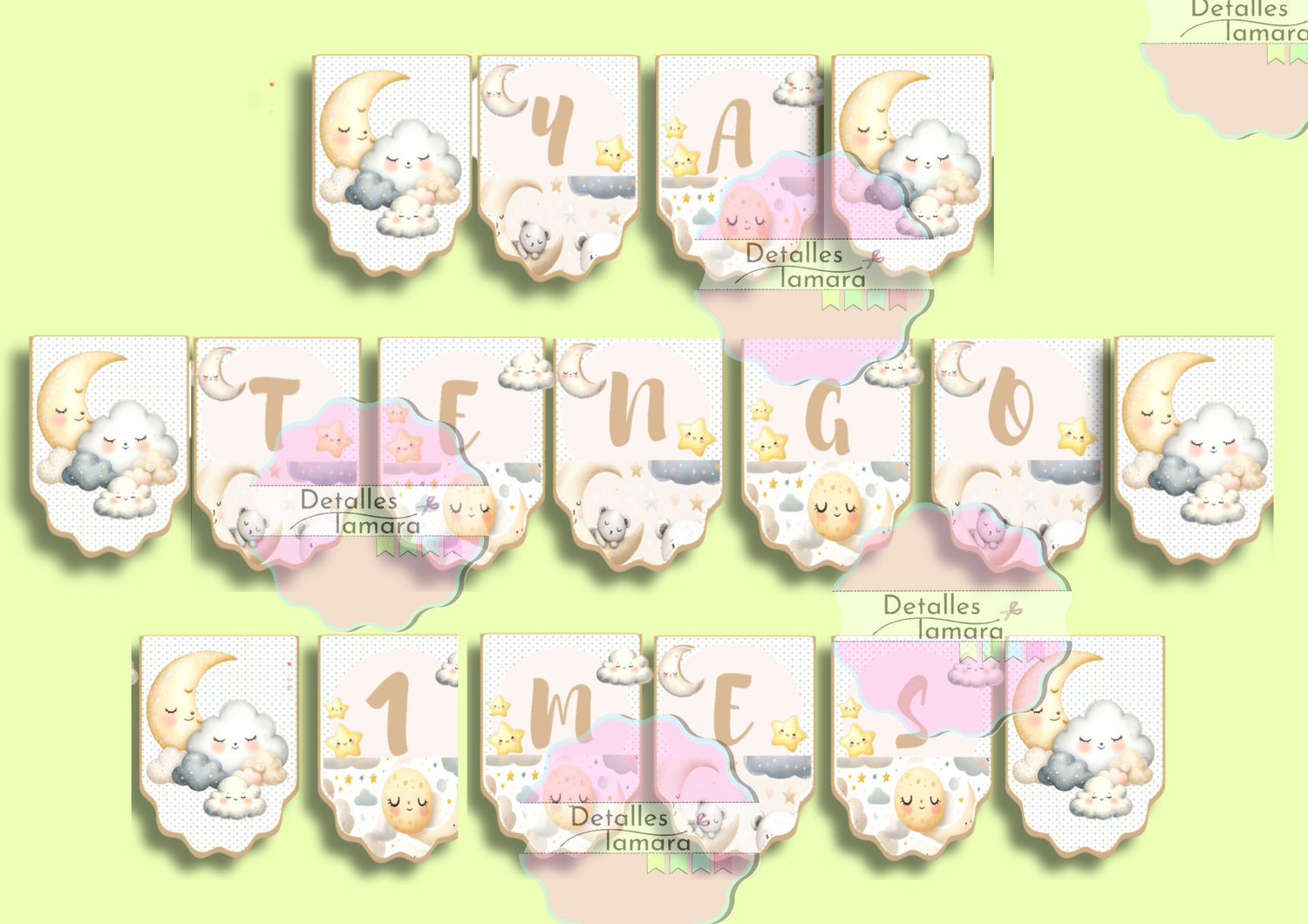 BANDERIN PARA CUMPLE MES NIÑAS Y NIÑOS ESTRELLAS Y NUBES