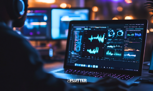 Cinematic workspace with audio dashboard on screen, symbolizing intentional content creation amid AI policy changes.