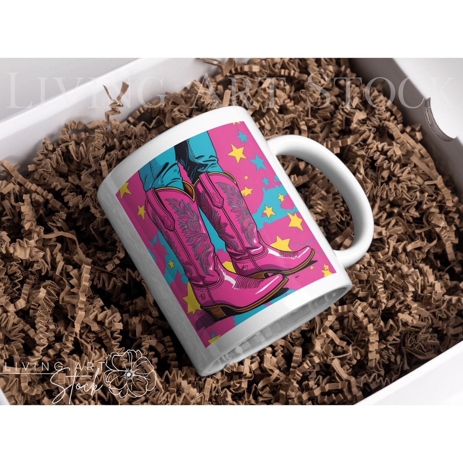 Pink retro cowgirl boots mug design