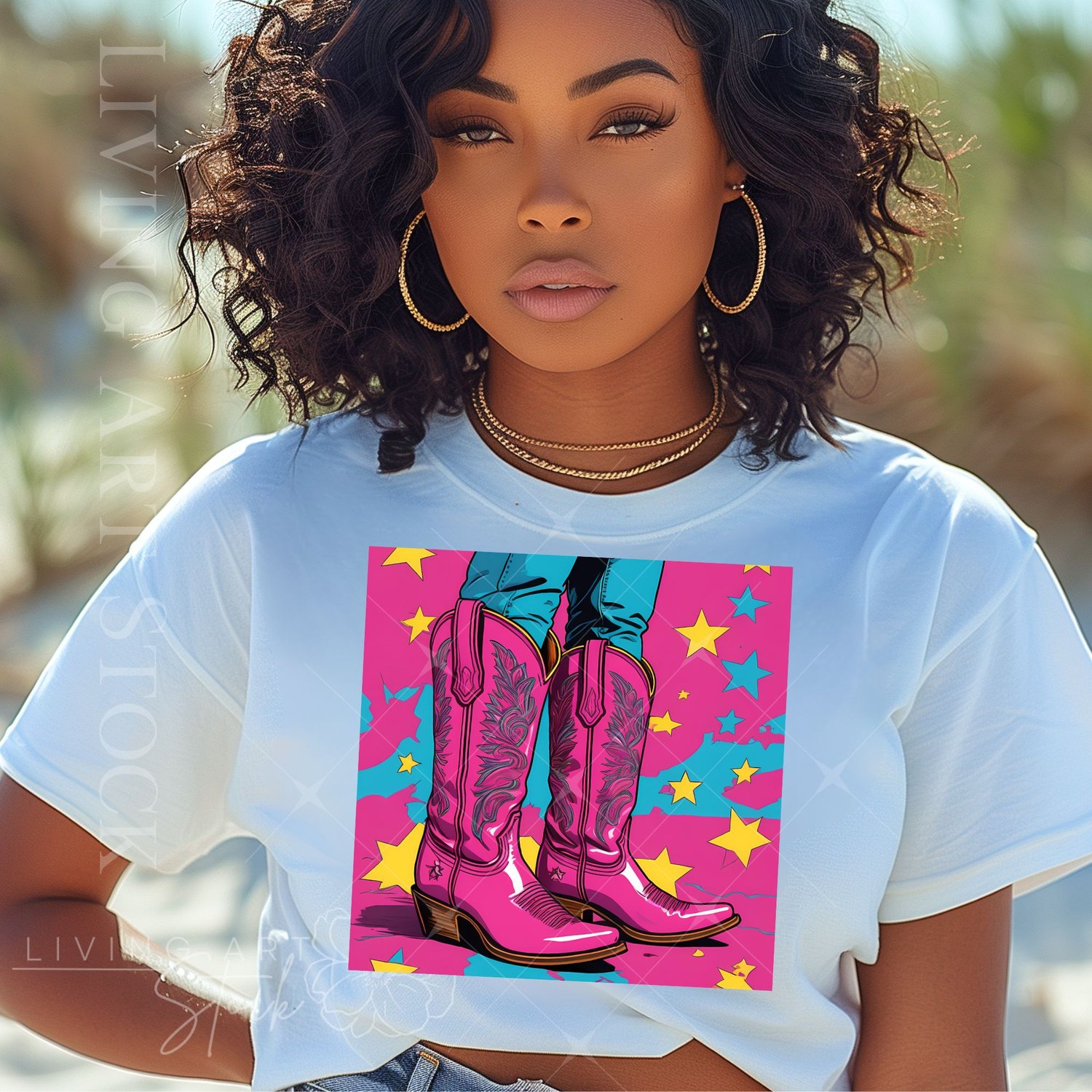 black woman wering white t-shirt with pink retro cowgirls design
