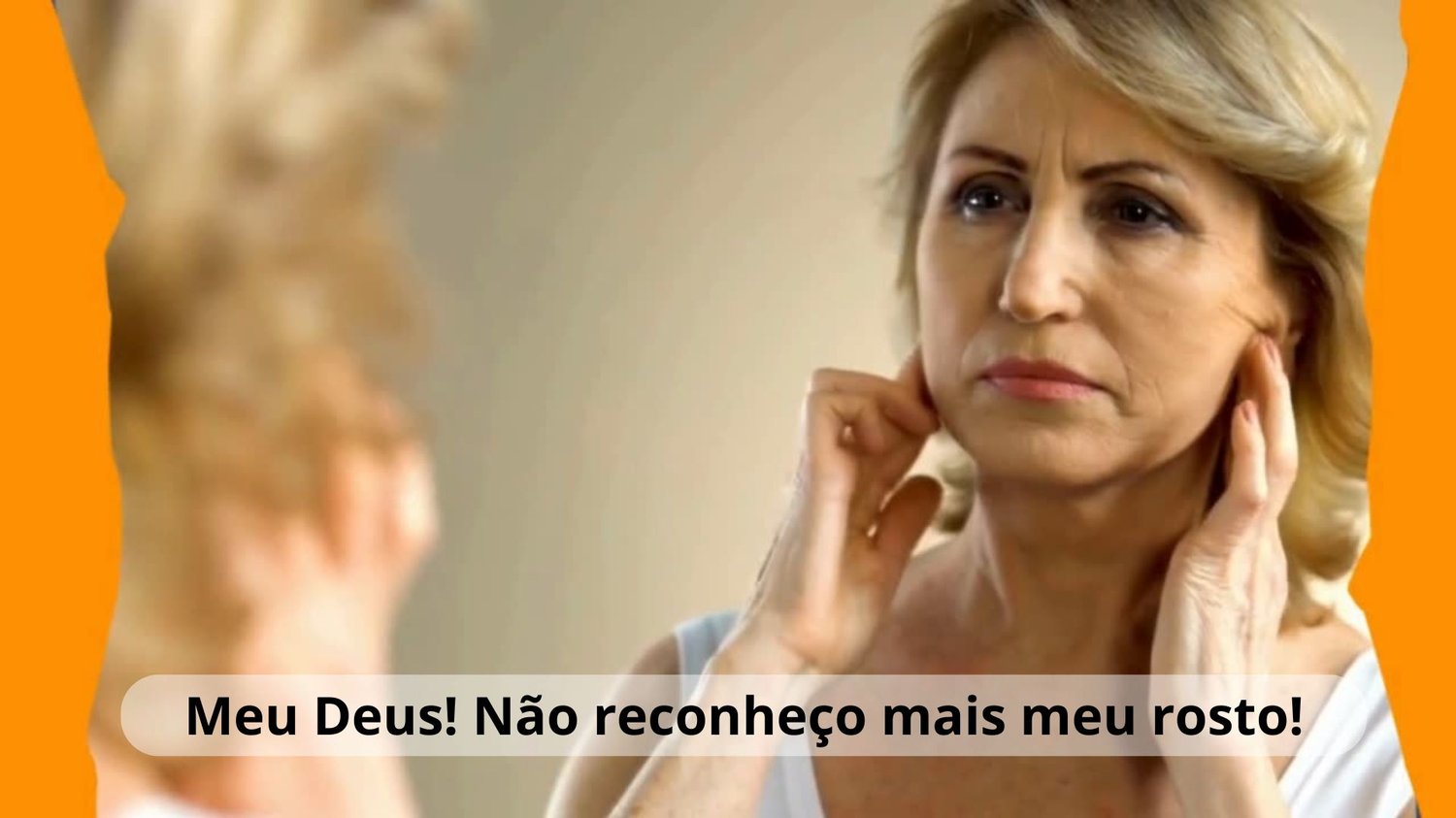 Mulher madura aplicando técnica de autodrenagem facial com expressão de surpresa. Descubra o poder da autodrenagem para rejuvenescer naturalmente