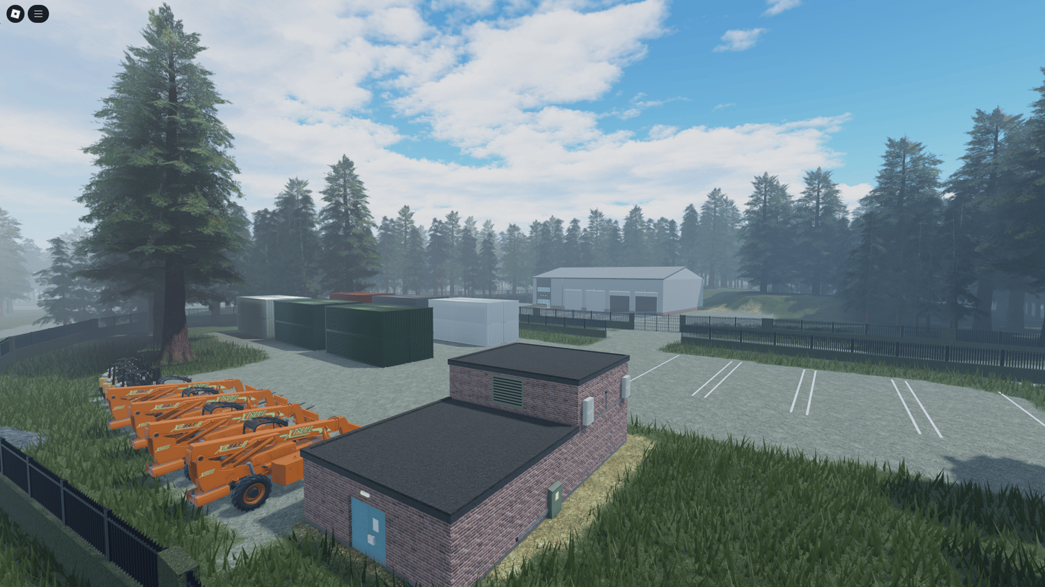 Vehicle depot with forklifts in Roblox PMC base