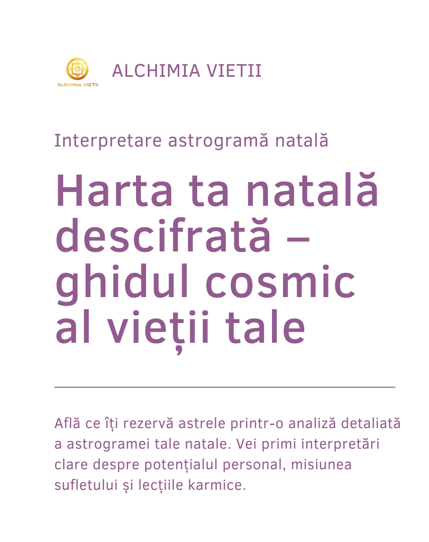 Află ce îți rezervă astrele printr-o analiză detaliată a astrogramei tale natale. Vei primi interpretări clare despre potențialul personal, misiunea sufletului și lecțiile karmice.