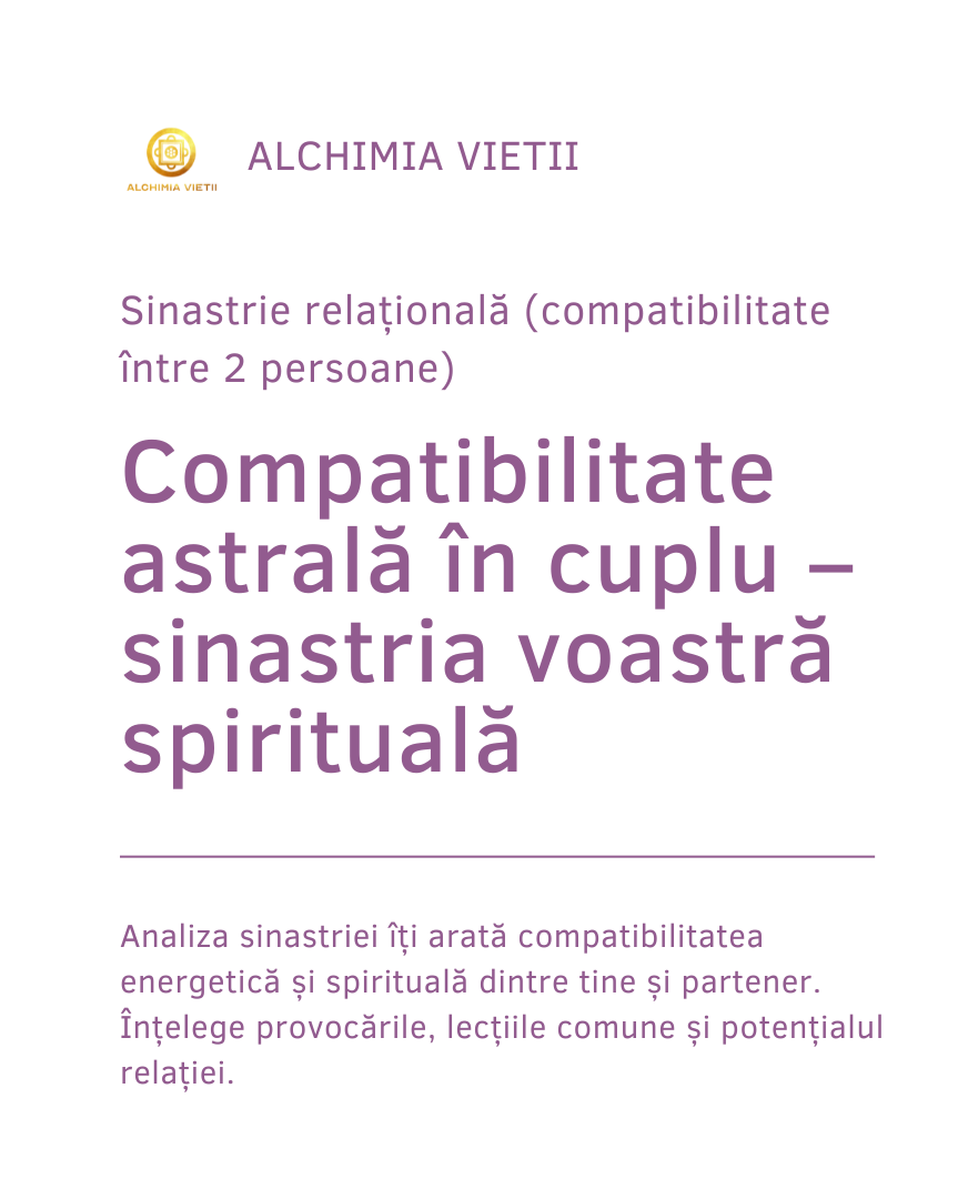 Analiza sinastriei îți arată compatibilitatea energetică și spirituală dintre tine și partener. Înțelege provocările, lecțiile comune și potențialul relației.