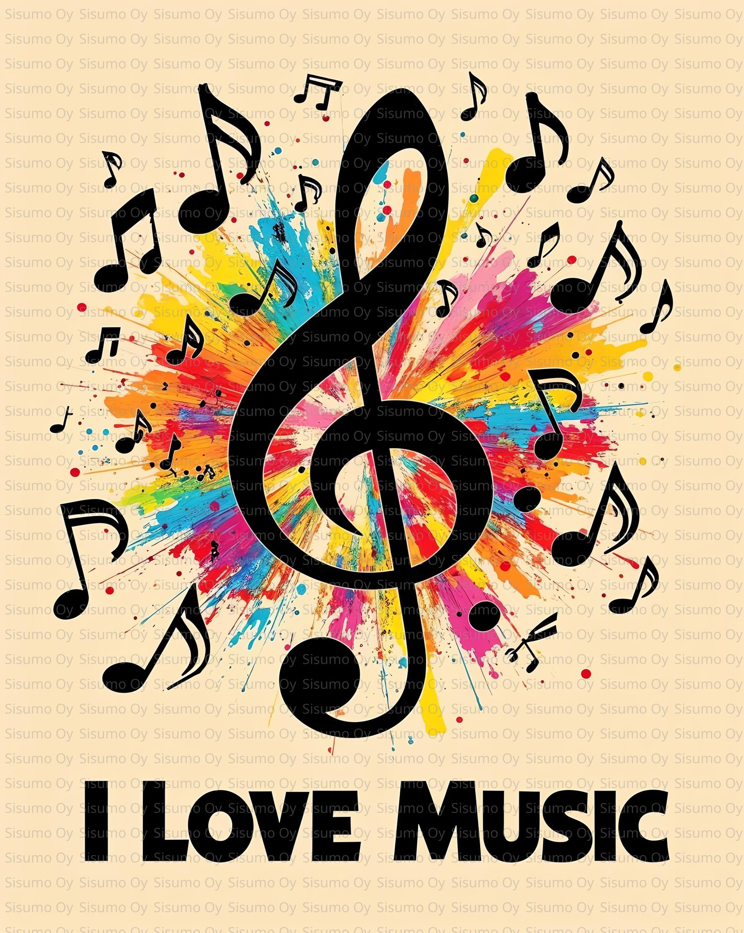 Vibrant music-themed artwork featuring a large black treble clef surrounded by colorful paint splashes and musical notes. The text “I LOVE MUSIC” appears below, expressing passion and joy for music. Perfect wall art for musicians, music lovers, studios, o