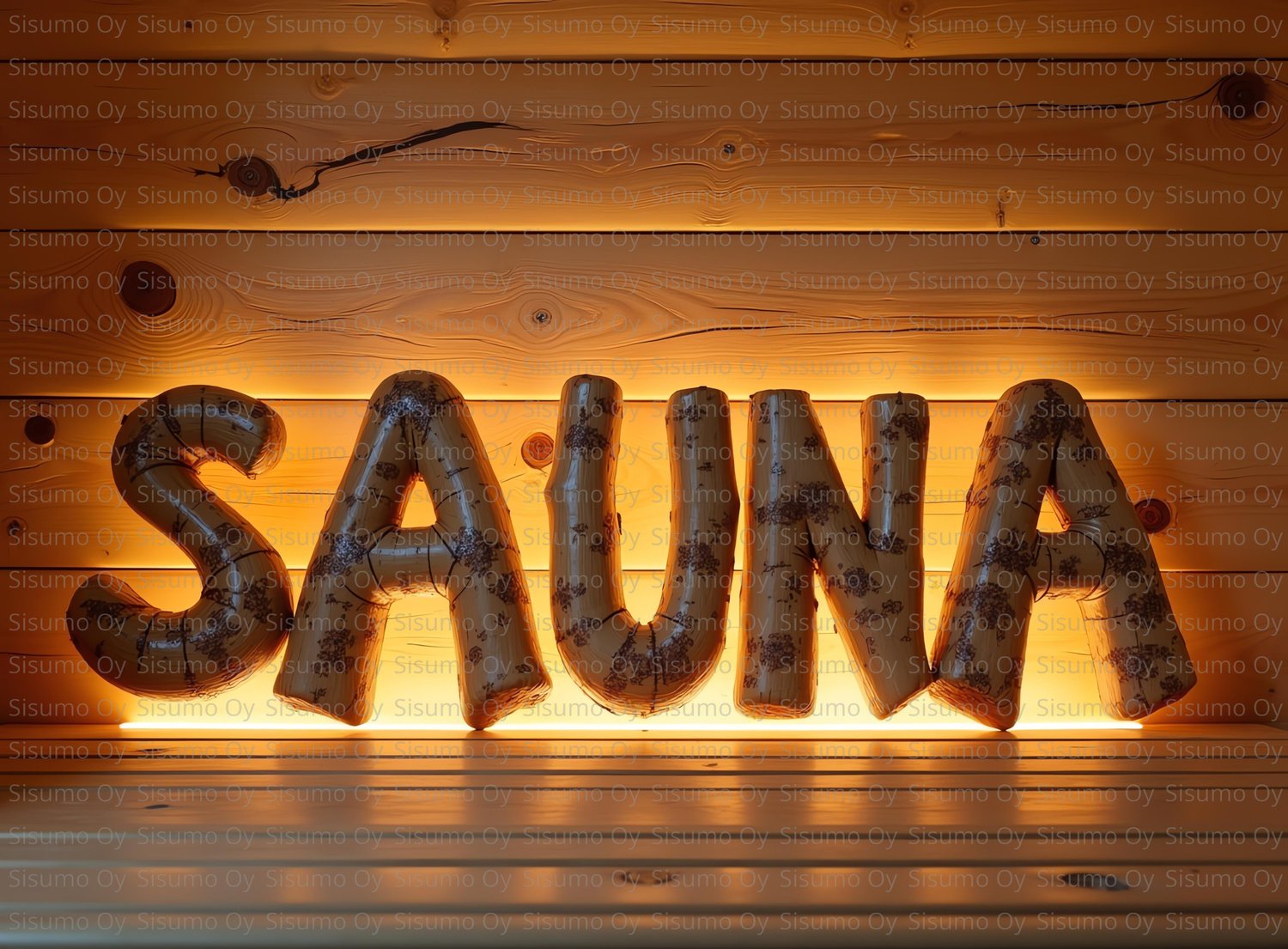 Warm and cozy sauna-themed photo featuring large 3D letters spelling “SAUNA” against a glowing wooden wall. The rustic wood texture and soft amber lighting create a relaxing Nordic atmosphere. Perfect for spa décor, Finnish sauna lovers, or wellness-inspi