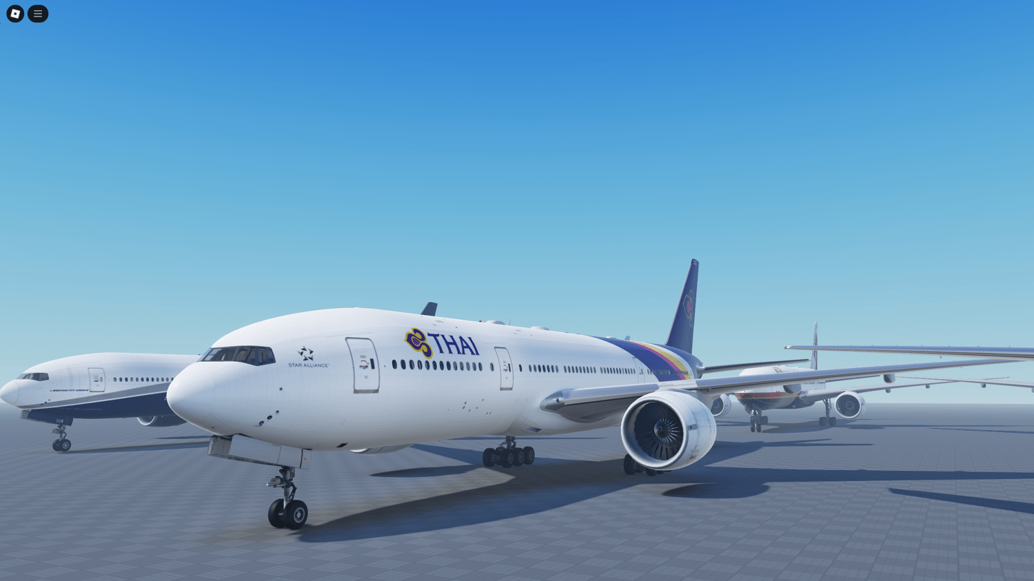 Interior view of Roblox Boeing 777-200ER cabin and cockpit