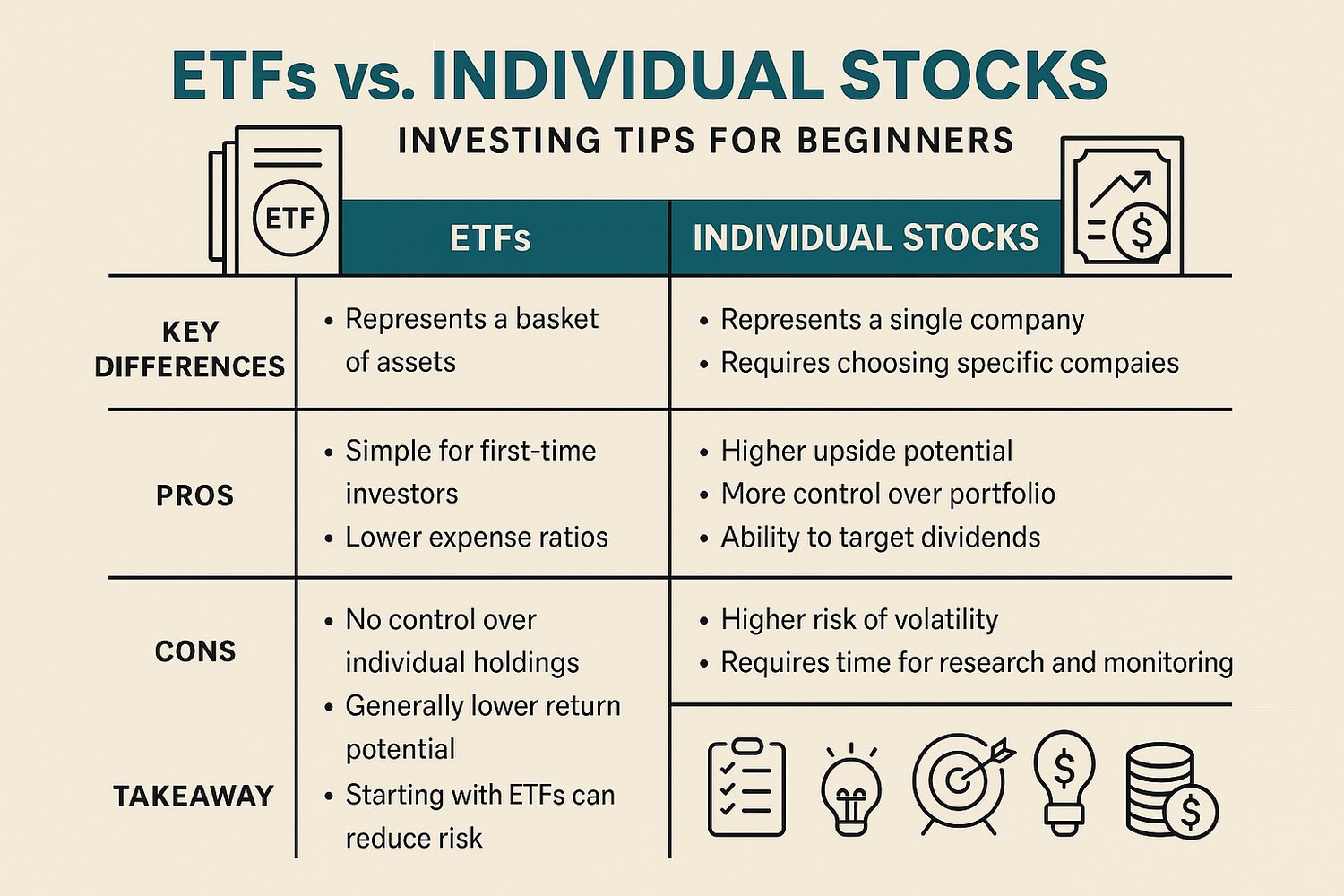 Infographic comparing ETFs vs. individual stocks for beginner investors in 2025, showing key differences, pros and cons, and investment takeaways with icons.