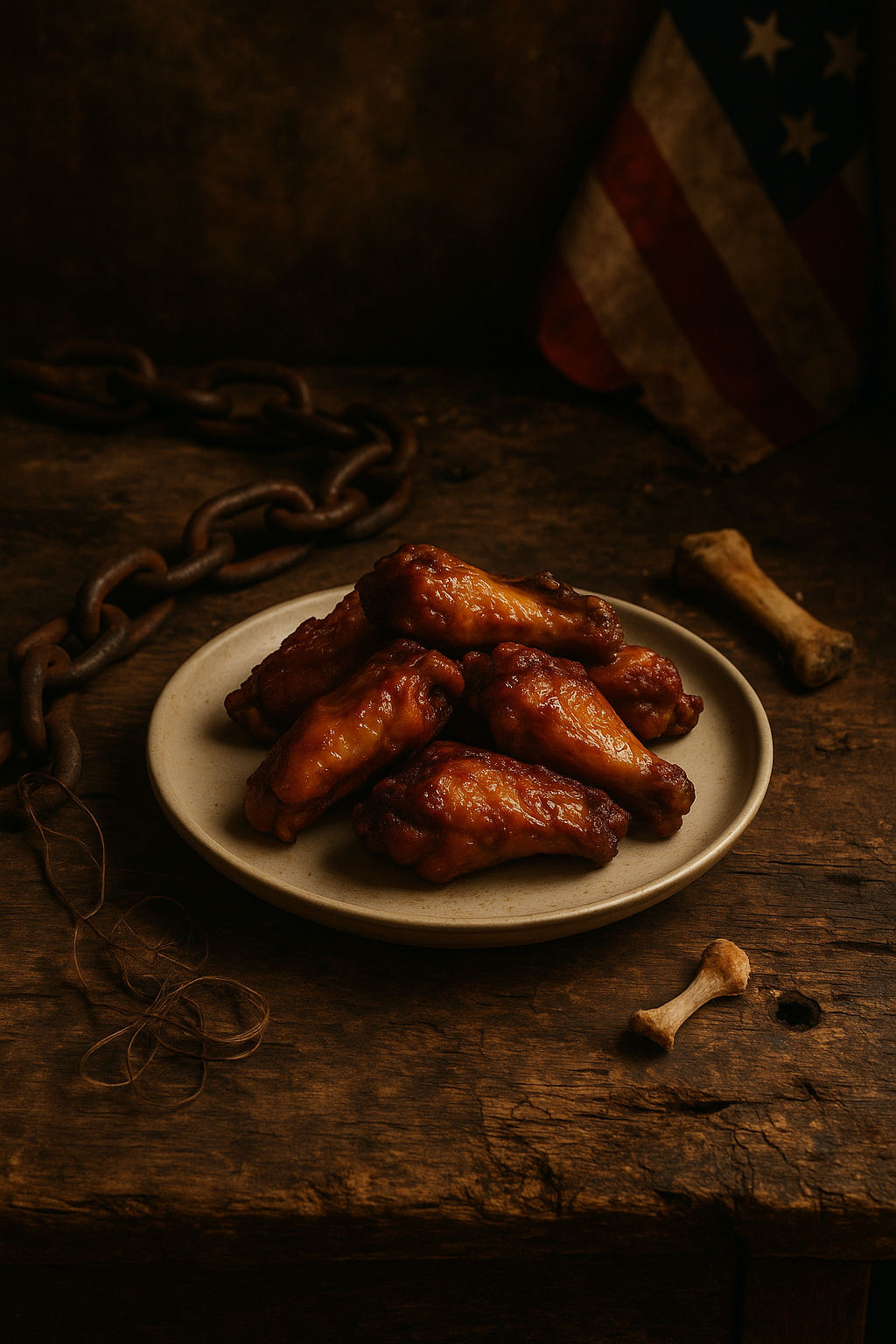 Glazed chicken wings served on a rustic plate with historical elements symbolizing African American food heritage and the legacy of slave food