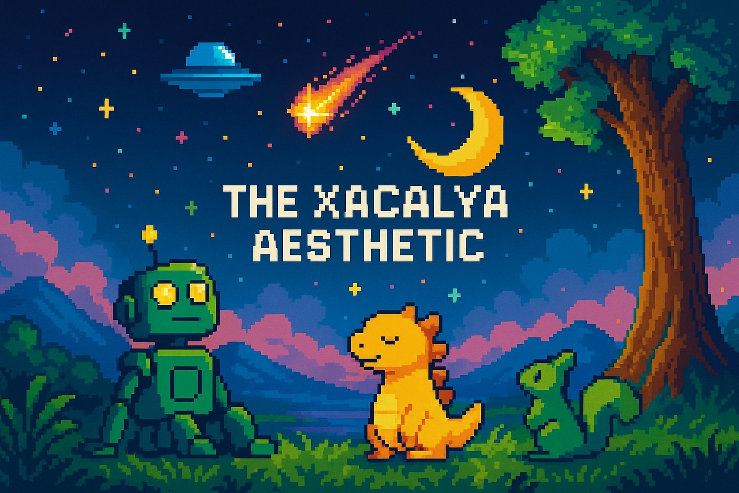 Pixel art image showing a robot, dragon, and squirrel sitting under a tree looking up at a starry sky with a meteor, moon, and UFO.