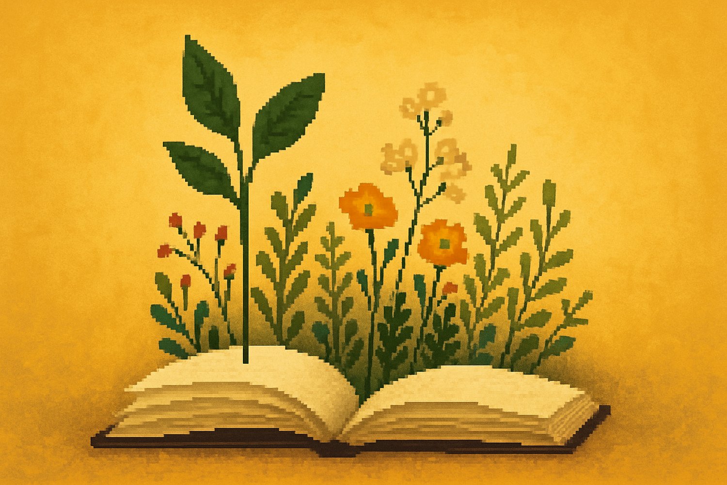 Pixel art image of a book with plants growing out of it.