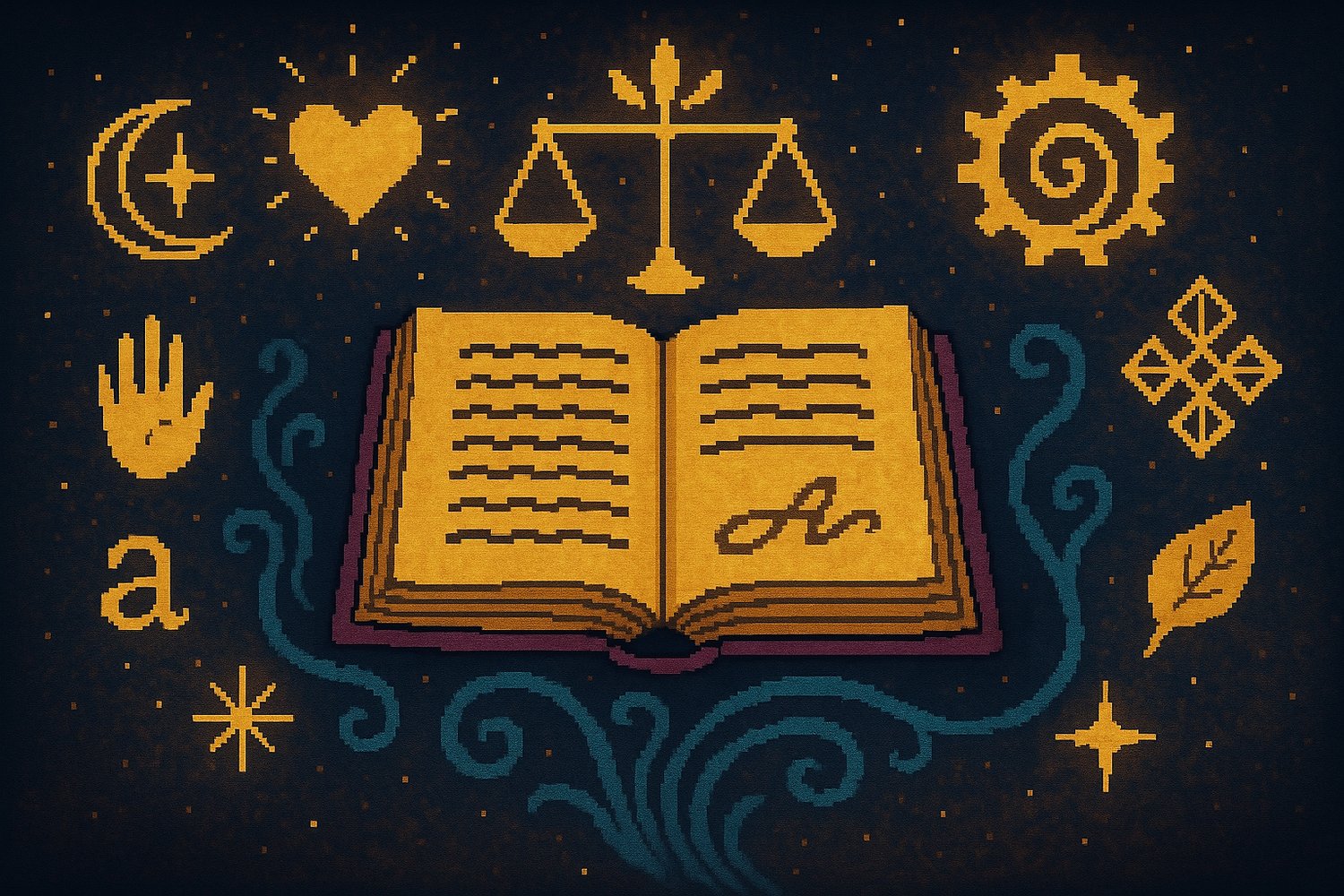 Pixel art image of a book with scale, heart, leaf, and other symbols surround it.