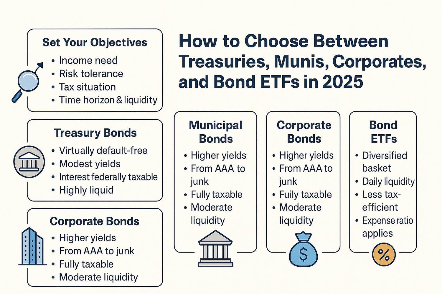 Infographic comparing Treasury bonds, municipal bonds, corporate bonds, and bond ETFs in 2025. Highlights key investor objectives and bond characteristics including yield, credit risk, tax treatment, and liquidity. Includes icons for each bond type and a summary of strategic uses.