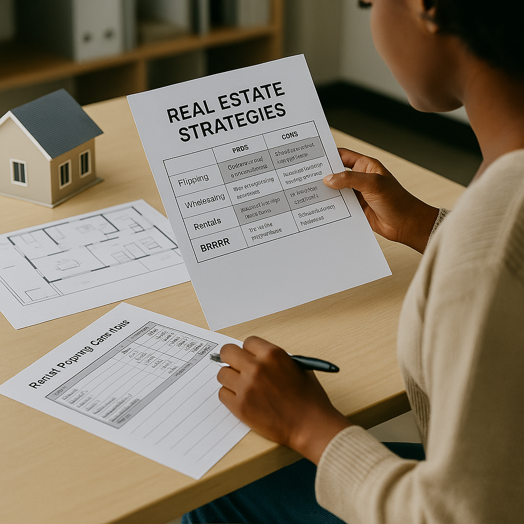 African American woman reviewing real estate strategy documents and rental property details at a desk.