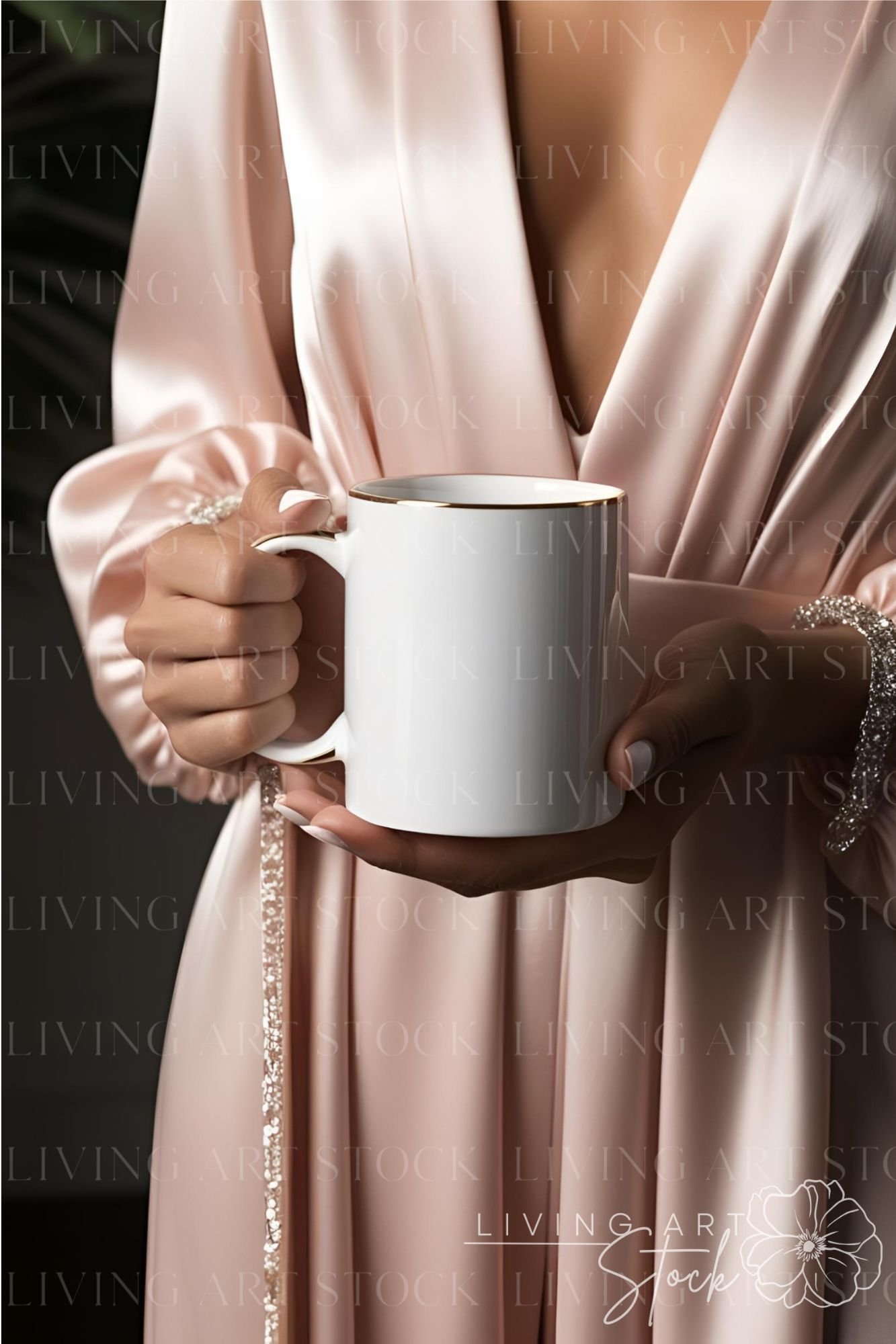 woman wearing pink satin dress holding a blank white mug