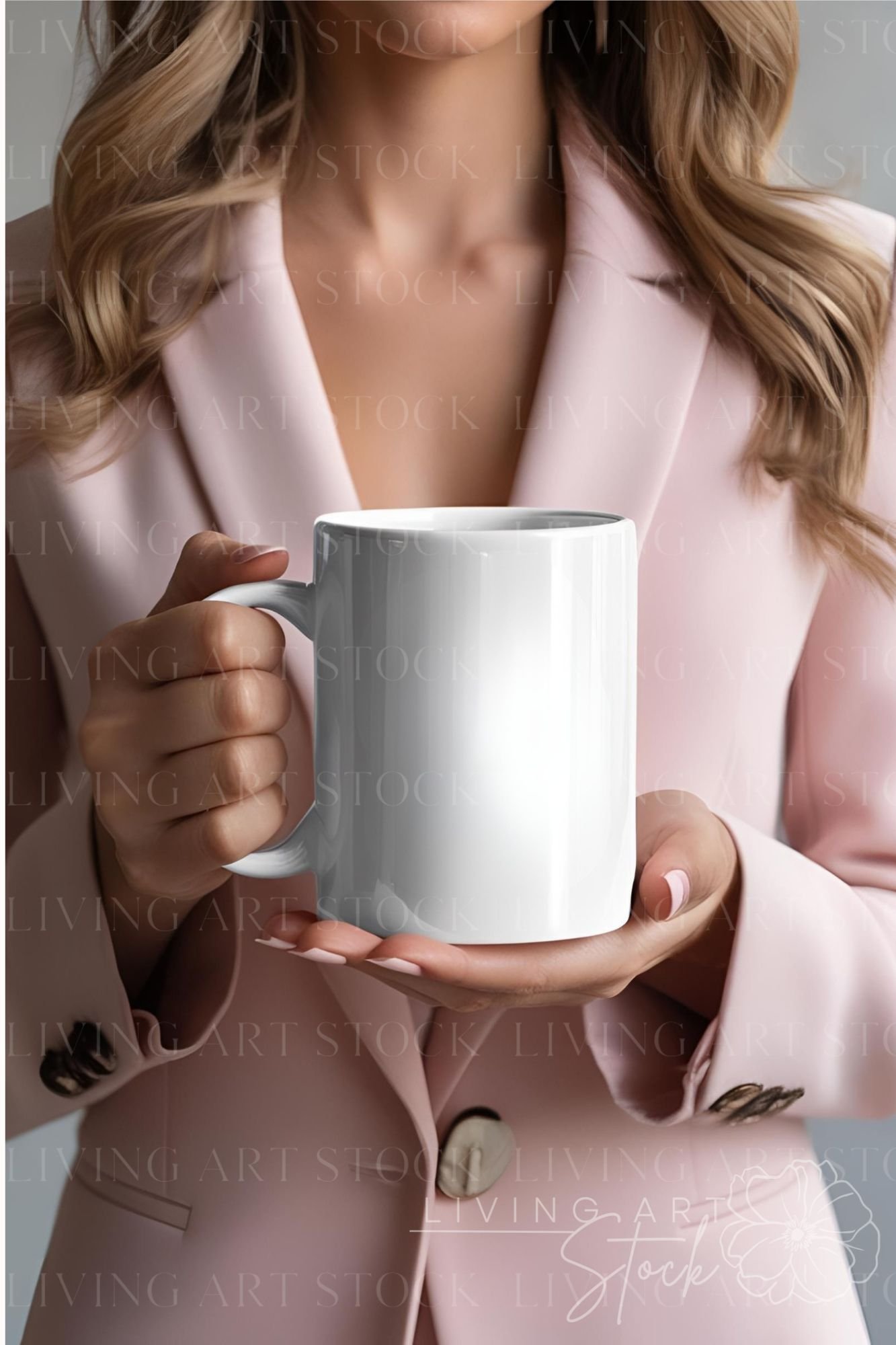 Woman wearing a suit holding blank mug, mug mockups