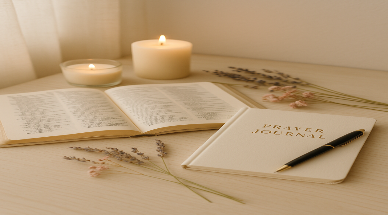Faith-inspired prayer space with an open Bible, journal, and candles — creating a peaceful daily routine to stay connected with God through prayer, reflection, and quiet time
