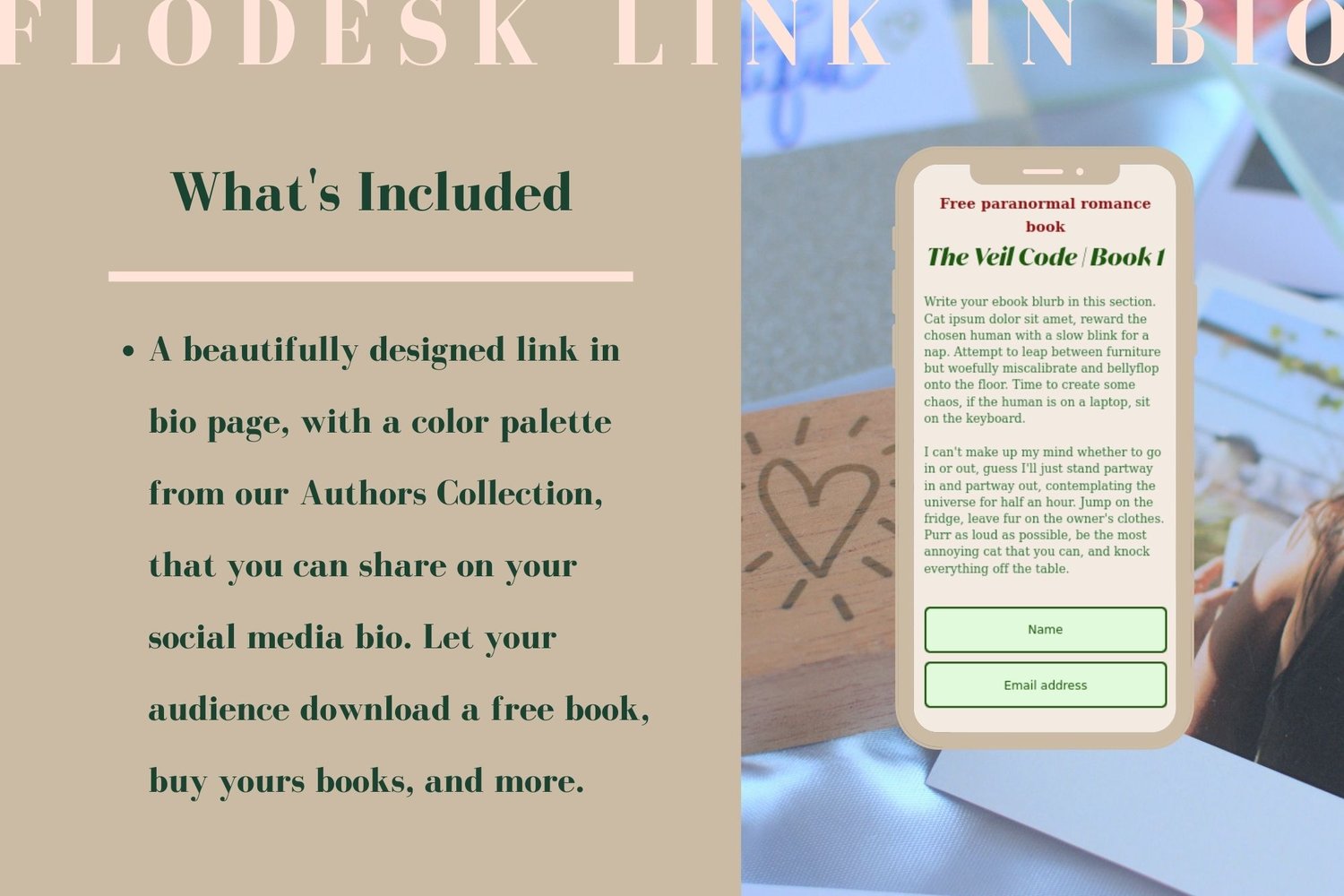 This template includes a Flodesk link in bio template, designed for authors, that you can share on your social media bio.