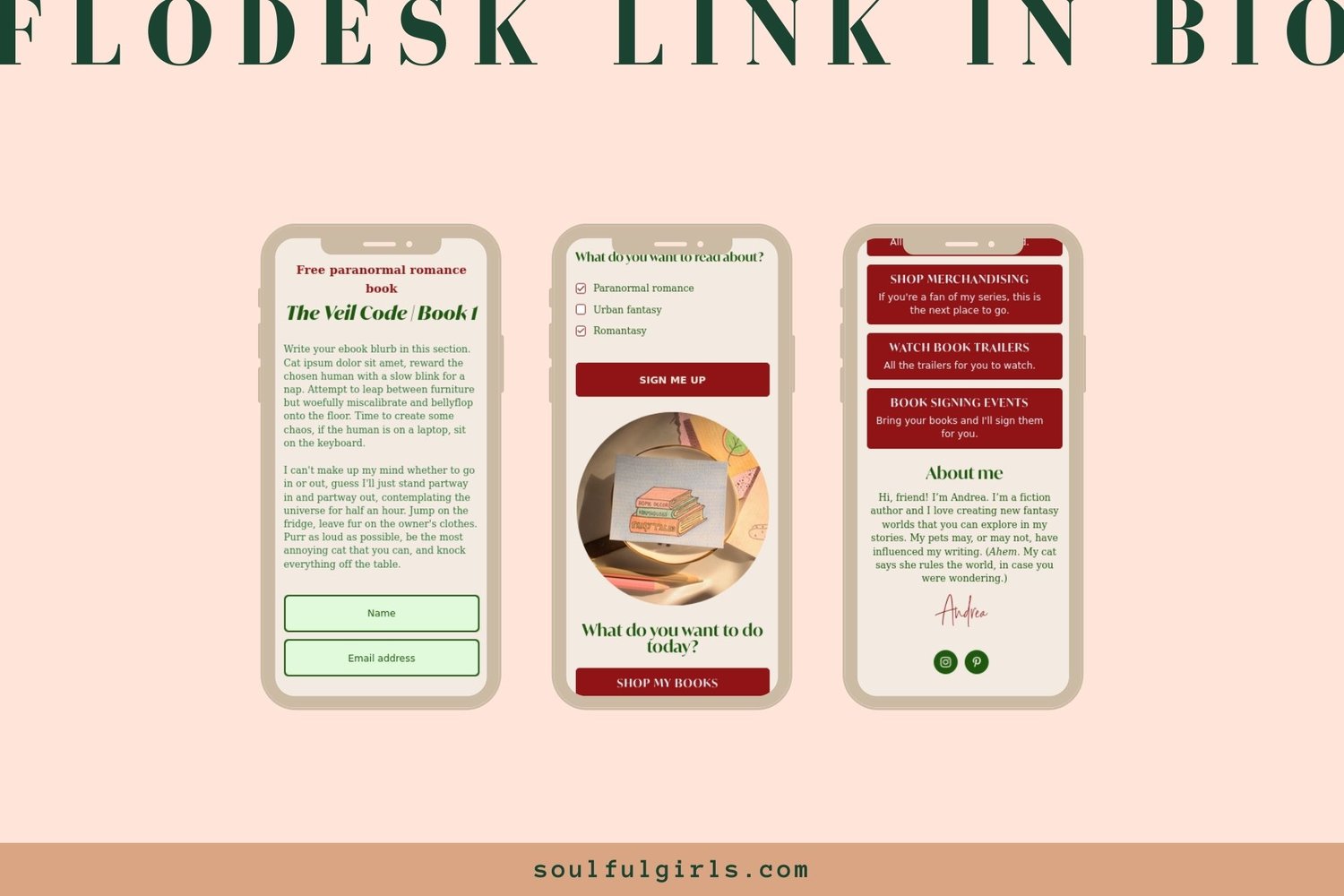 General view of this Flodesk link in bio template for authors.