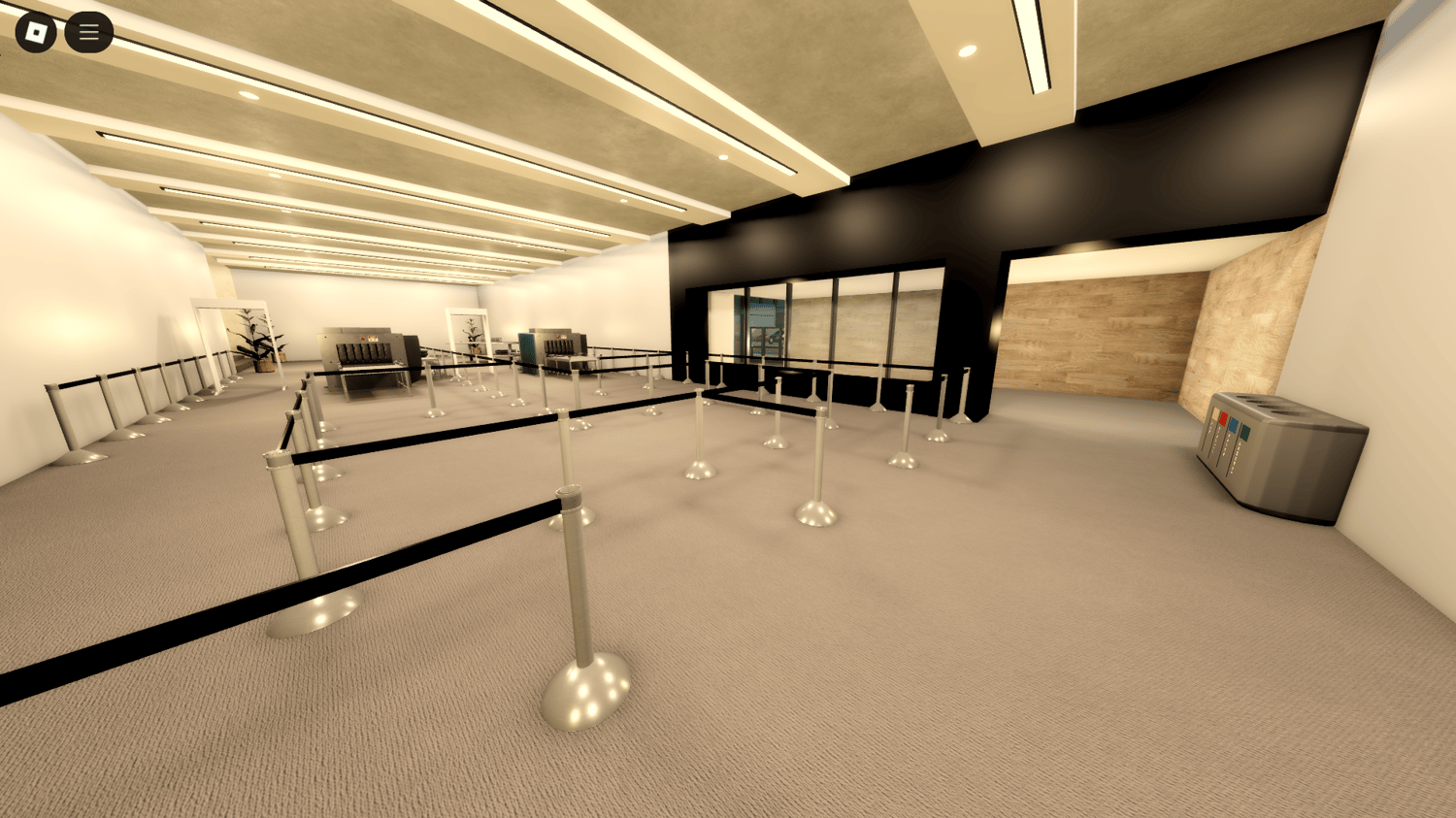 In-terminal bar with seating and lighting in Roblox airport