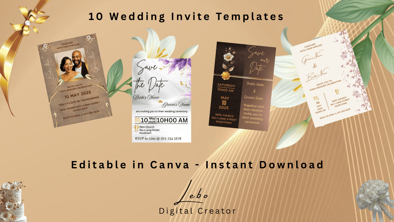 Bundle of 10 elegant Canva wedding invitation templates with modern and classic styles.