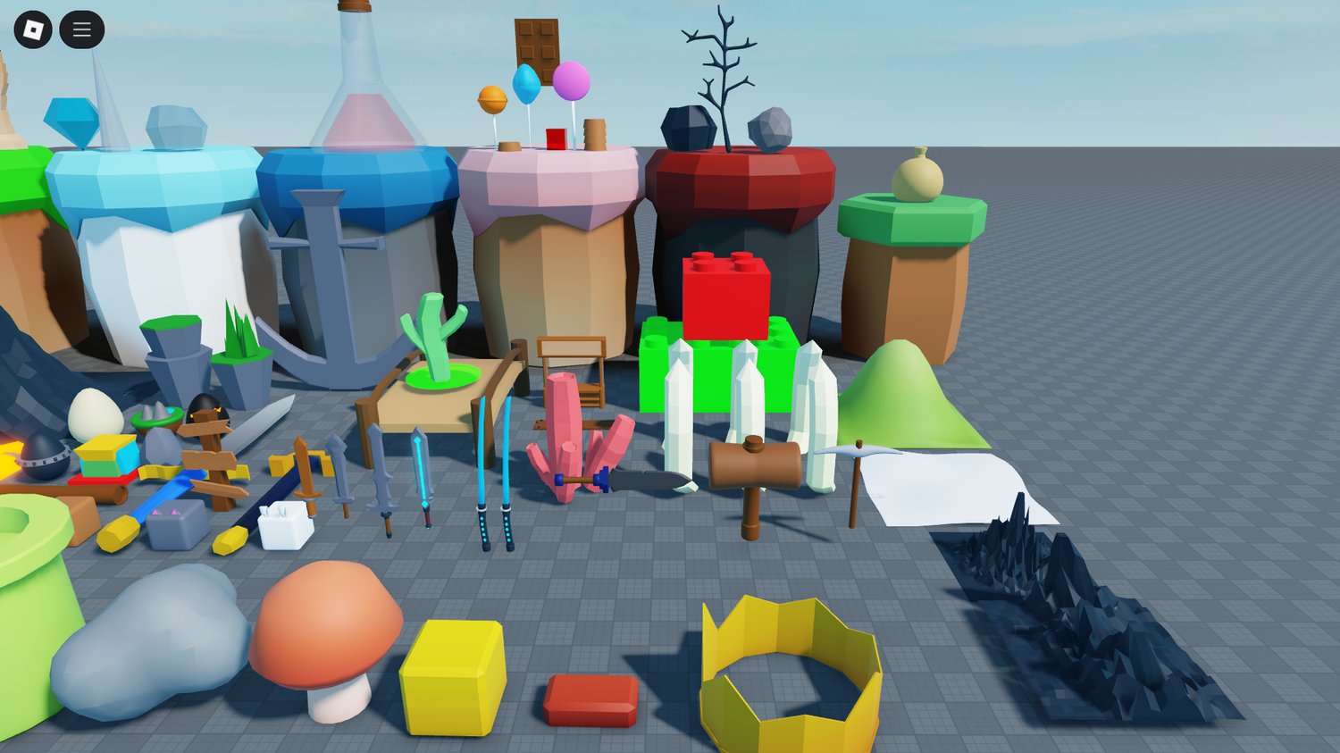 Custom-modeled Mario-style coins, bricks, and pipes