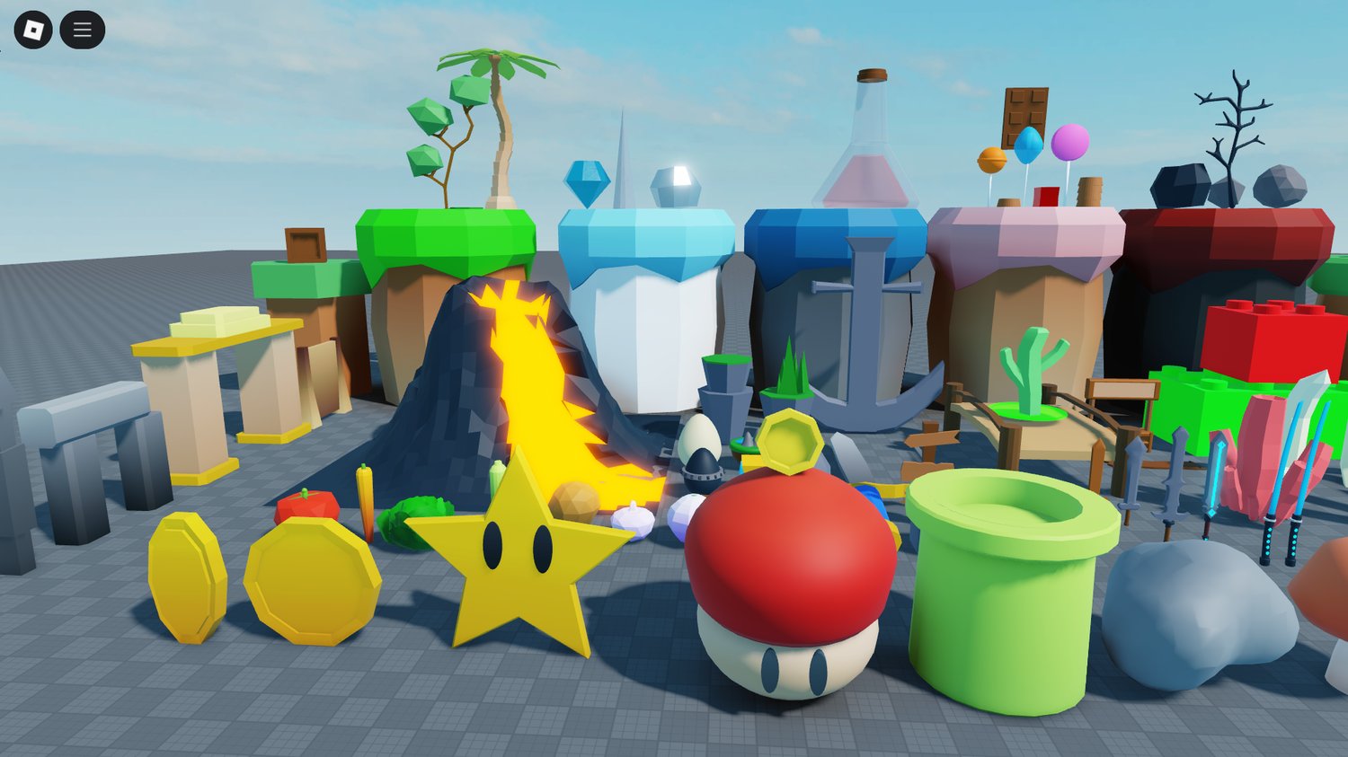 Roblox asset pack with mushrooms, coins, and blocks