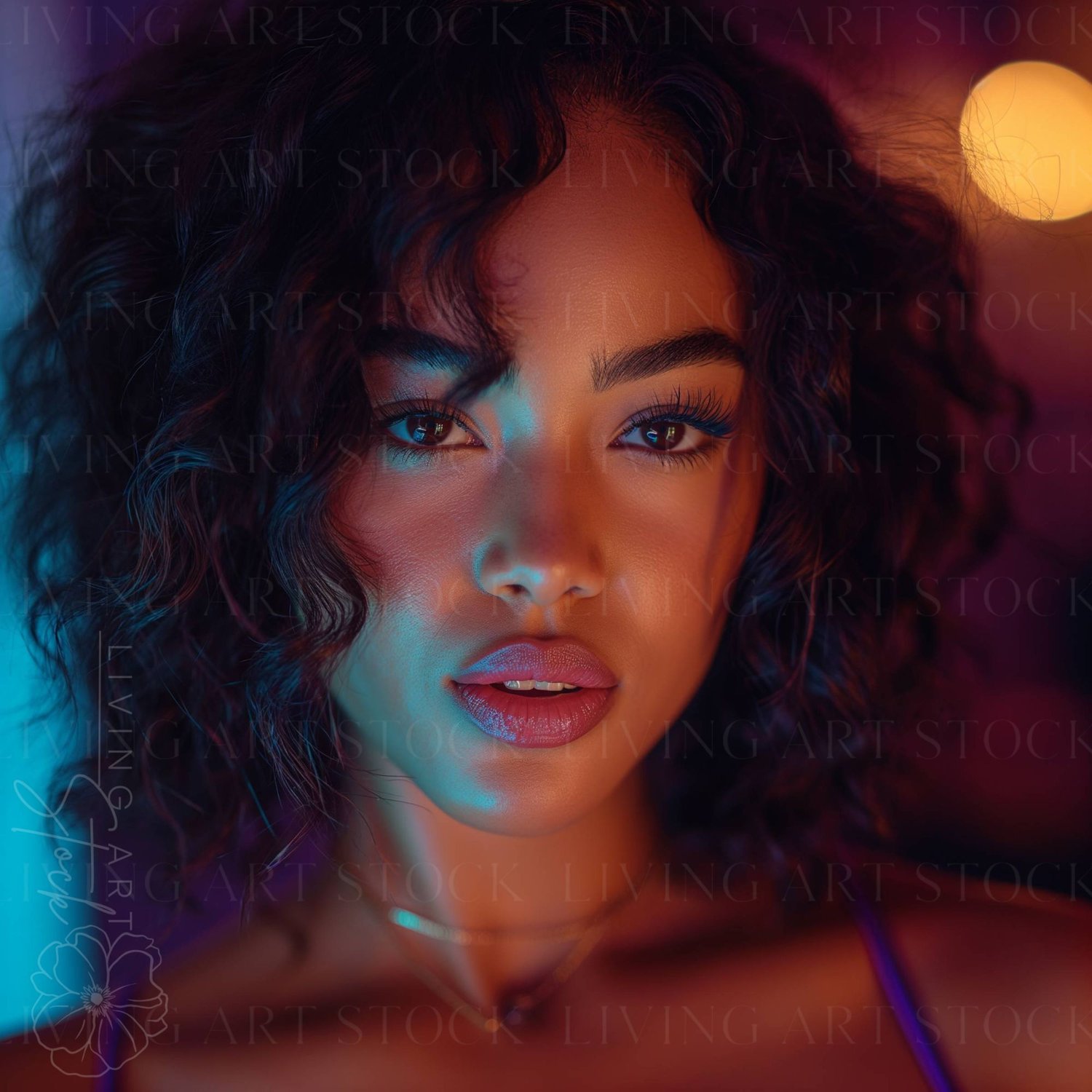 Photo of a biracial model in a studio with dim purple lights