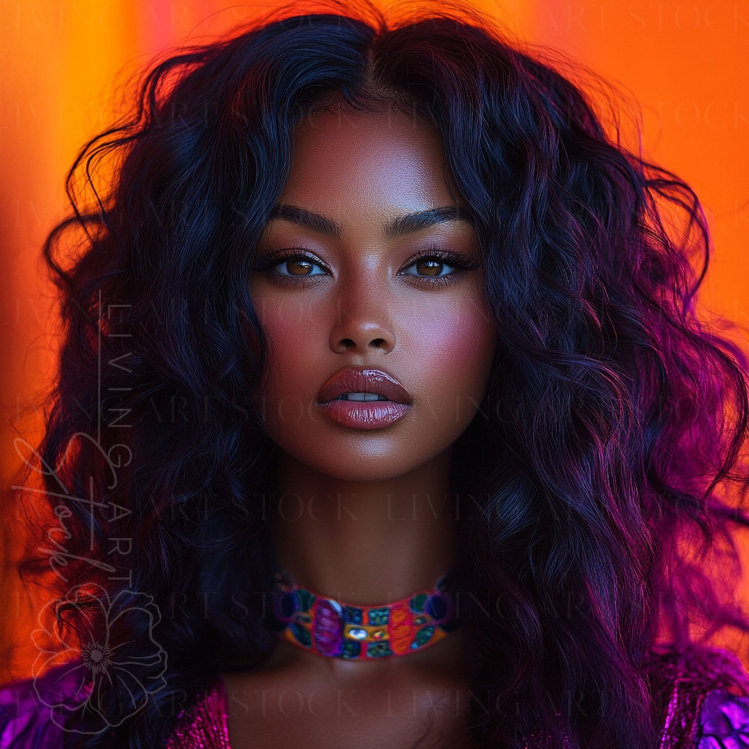 Biracial woman stock photo with purple dim lights in the background