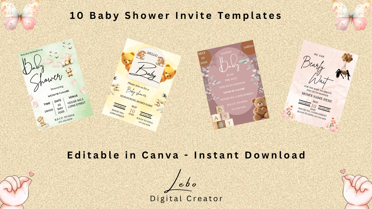 Elegant baby shower invitation bundle featuring soft pastels, butterfly illustrations and soft colour palette