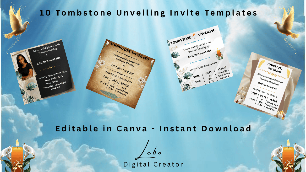 Elegant tombstone unveiling invitations with dove illustration and soft background