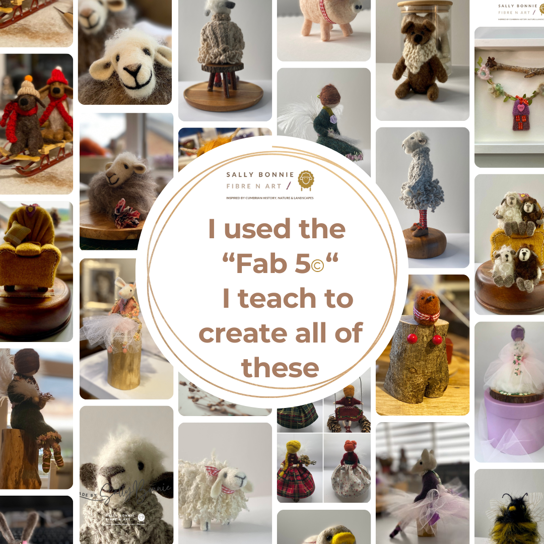 Colourful felted animals displayed together, part of the Fast Fibre Felting course fab 5 shapes