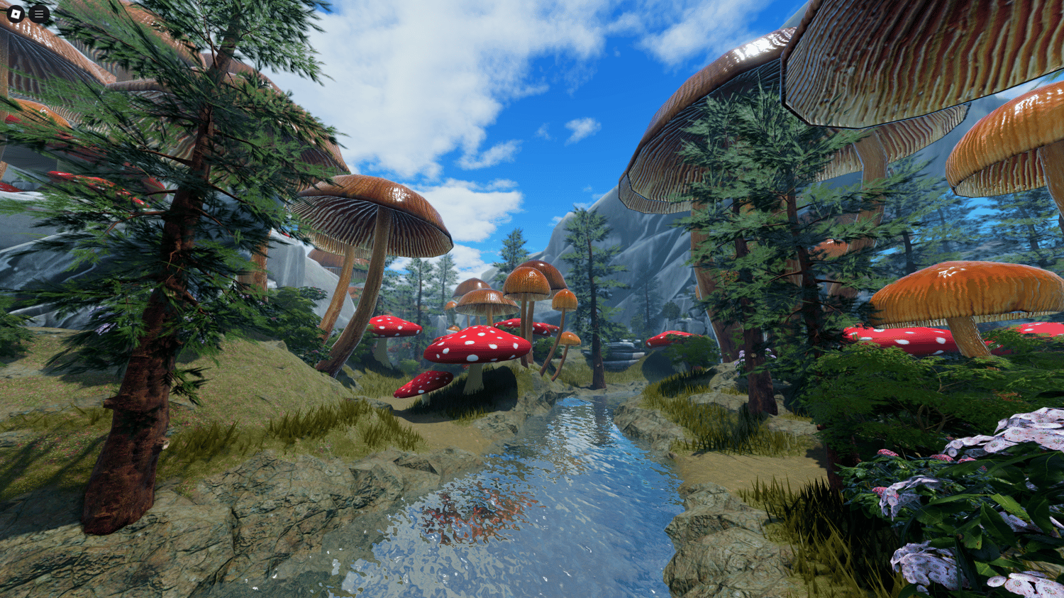 Roblox fantasy map with giant mushrooms and pine forest