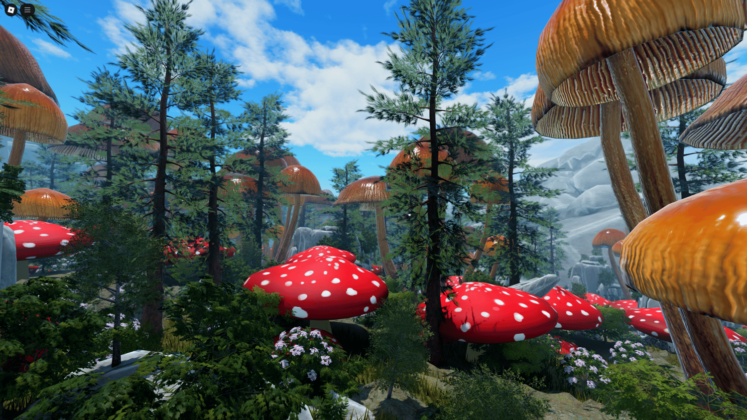 Realistic pine forest with magical mushroom zones